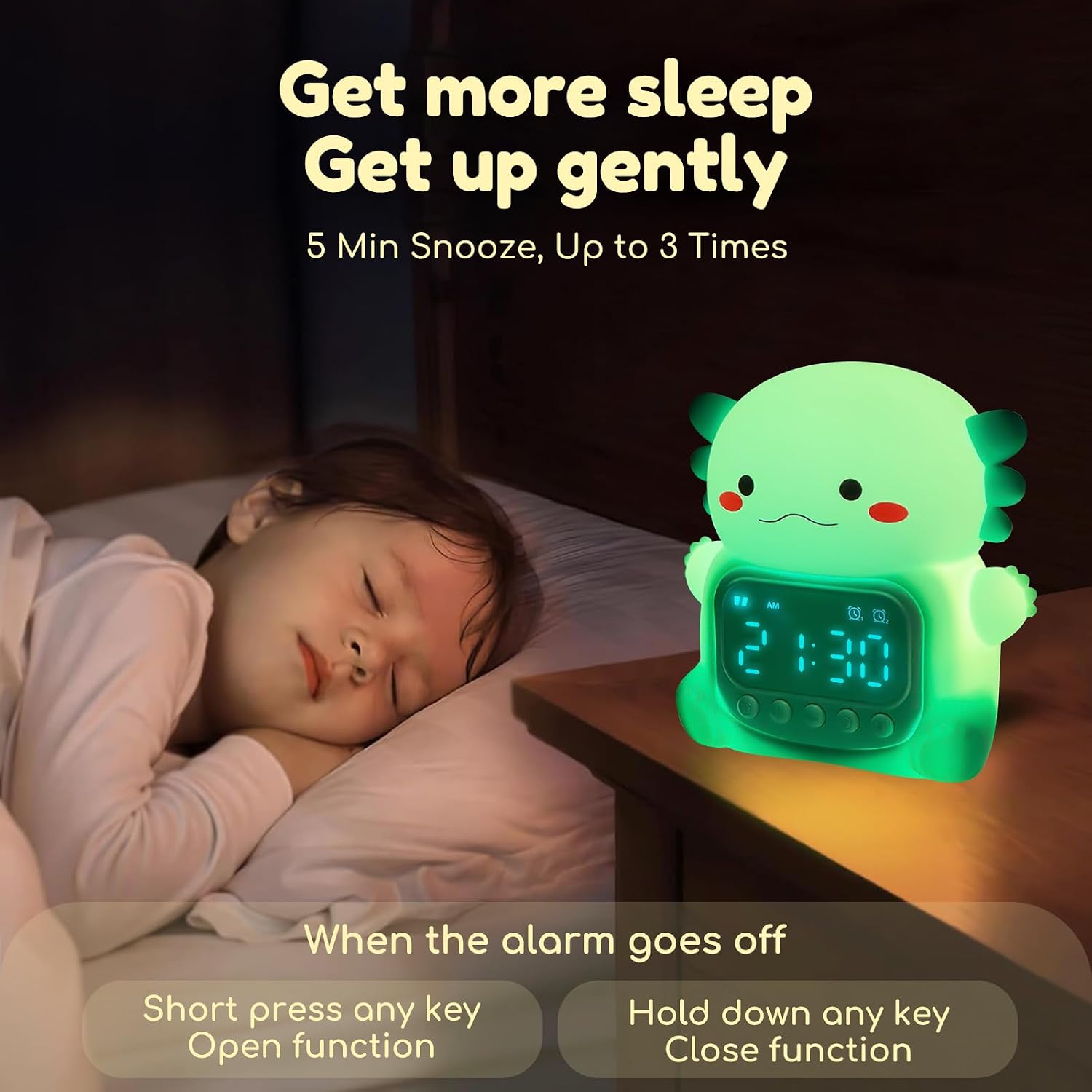 Thumbnail 4 de Yiliaw Axolotl Alarm Clock with Night Light for Kids (Green) with USB Recharge