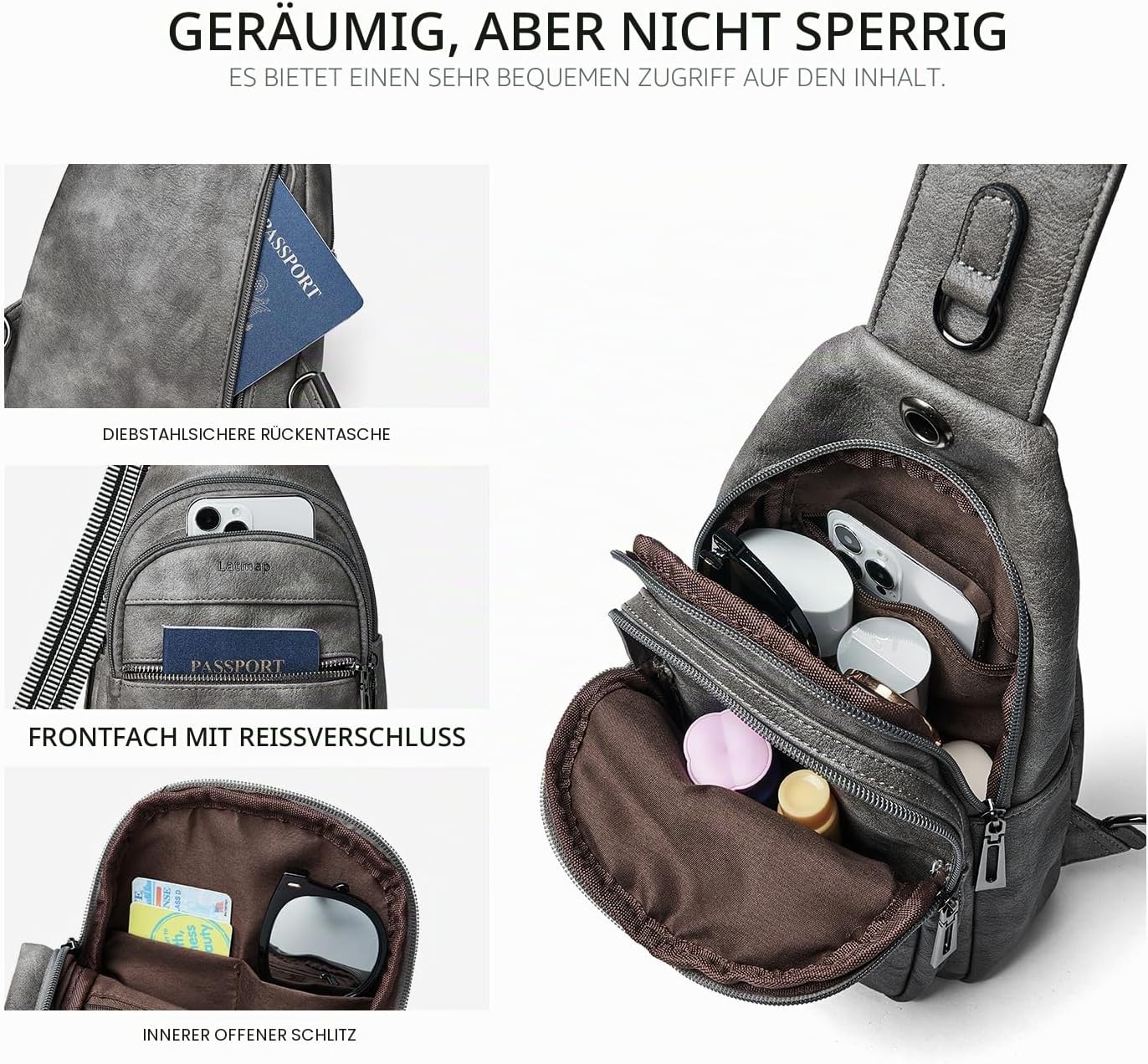 Thumbnail 6 de LATMAP 7L Damen Bauchtasche Sling Bag – Crossbody, PU-Leder, 7 Liter, verstellbarer Trageriemen