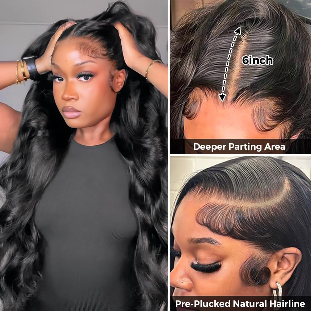 Detalle de annione 30 Inch 13x6 Lace Front Human Hair Wig (200% Density) – Body Wave, Transparent HD Lace, Pre-Plucked