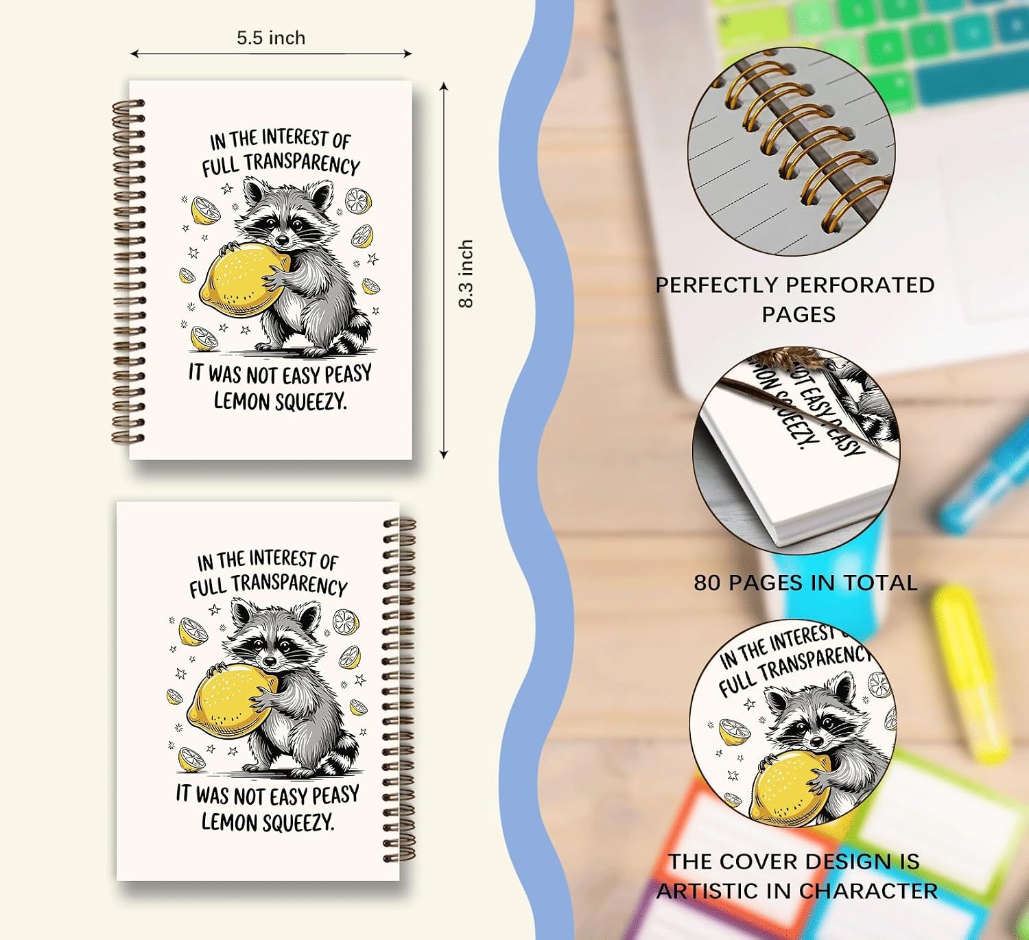 Detalle de Dejfel Spiral Notebook, Raccoon Lemon Design
