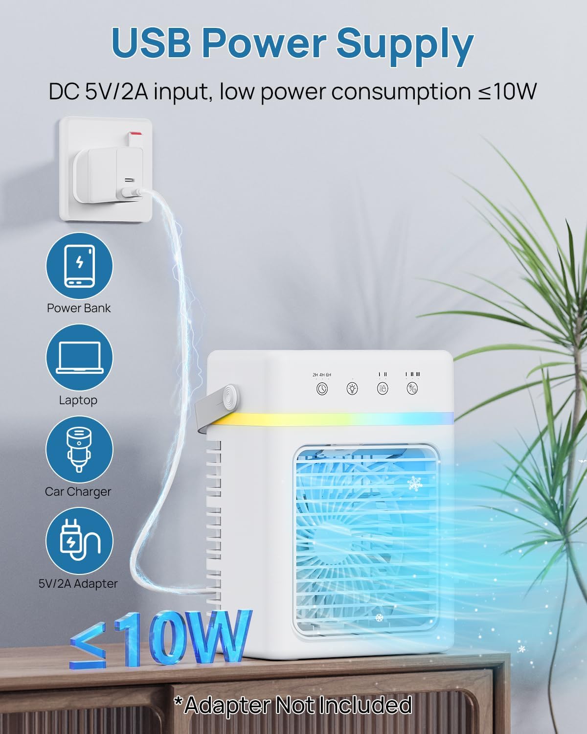 Detalle 2 de Portable Mini Air Conditioner with 900ML Tank — 4-in-1 USB-C Cooler for Office, Bedroom, Kitchen