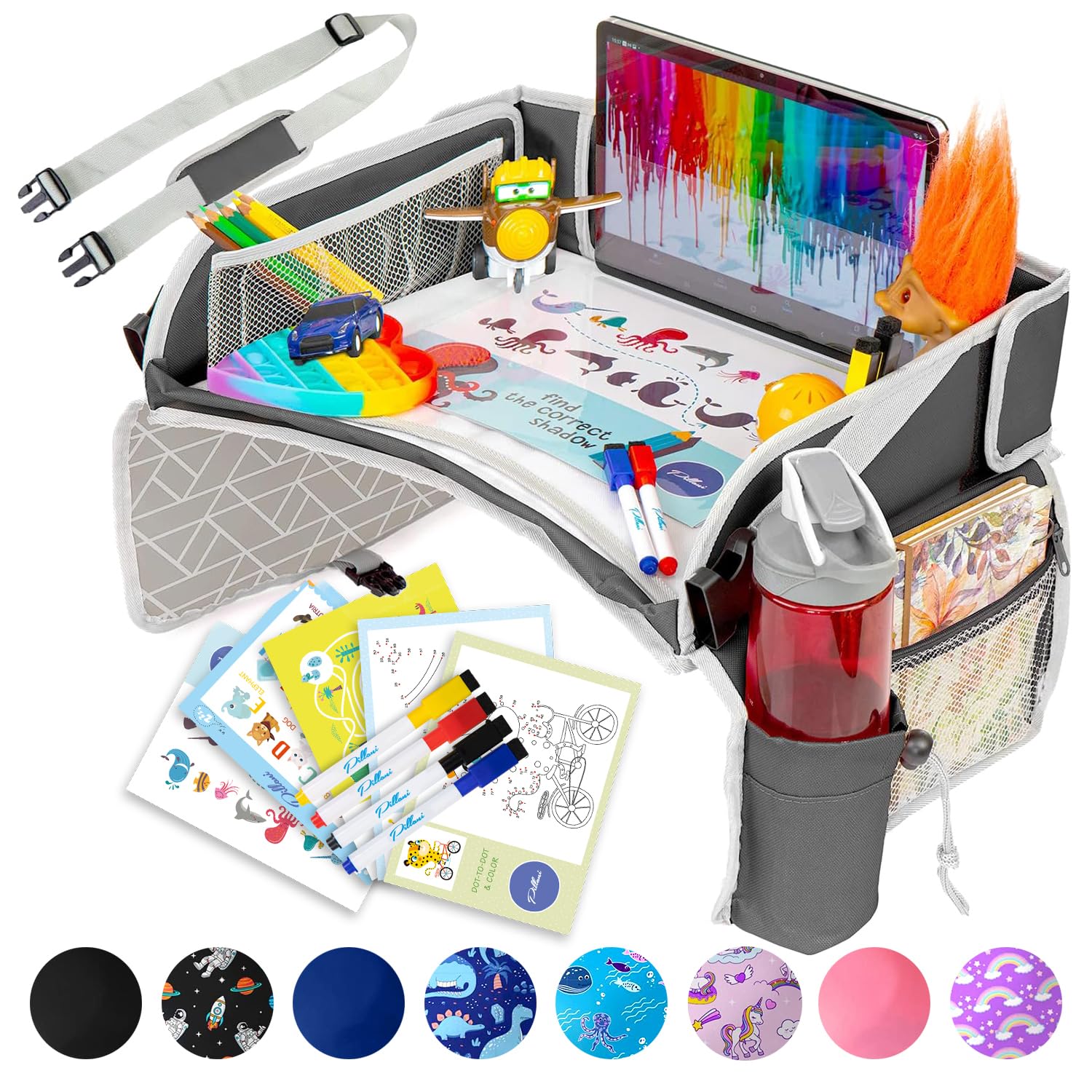 Detalle de PILLANI Kids Travel Tray for Car with Erasable Drawing Surface and Tablet Pocket