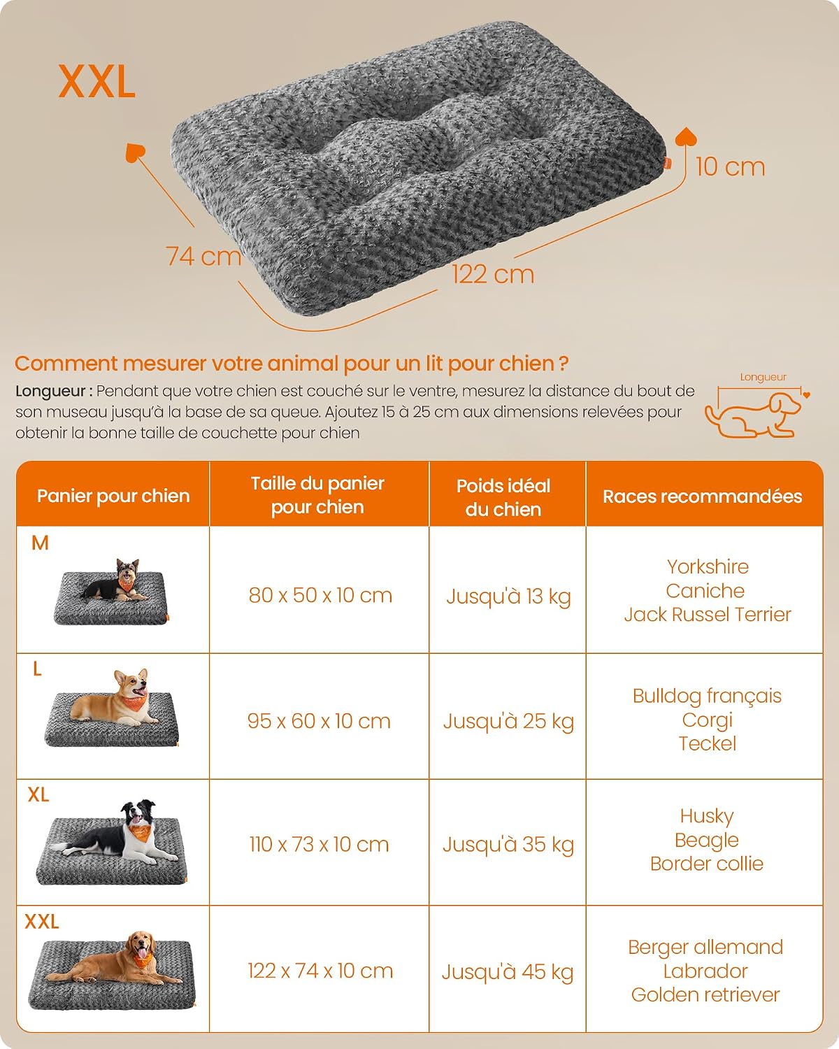 Detalle 2 de Panier pour chien Feandrea XXL (122 x 74 cm) en tissu peluche gris ardoise, rembourrage doux antidérapant lavable