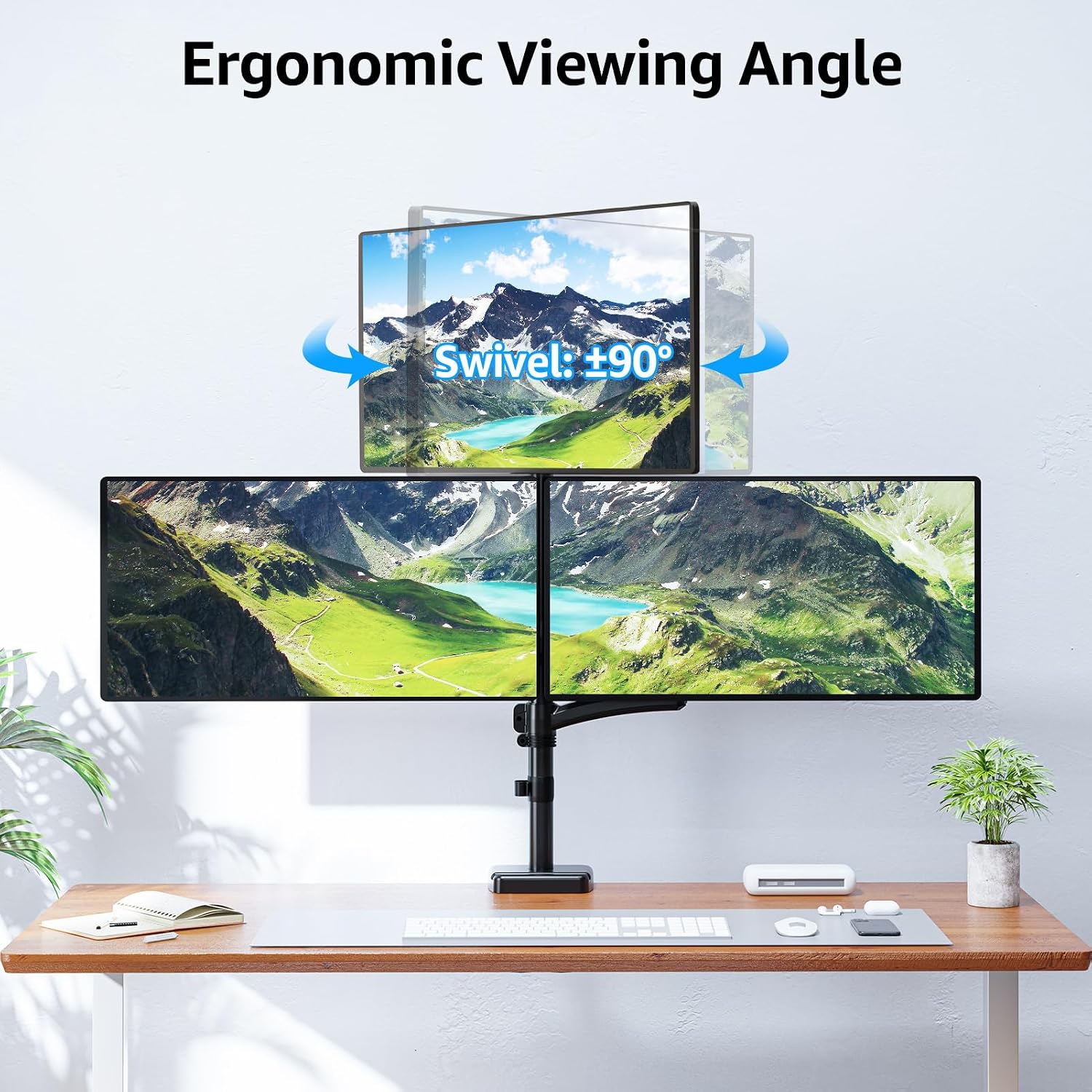 Detalle de MOUNTUP Monitor-Halterung für 3 Monitore EU6013A (bis 32"), dreifacher Monitorarm mit Höhenverstellung
