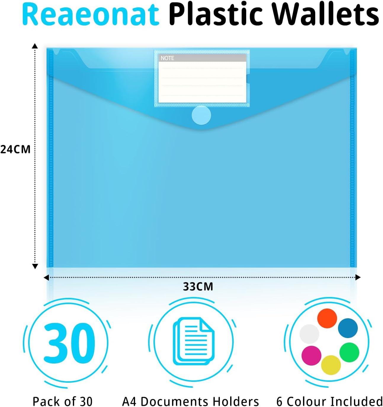 Thumbnail 1 de A4 Plastic Wallets, 30 Pack – Clear File Folders with Colourful Pockets and Label Window