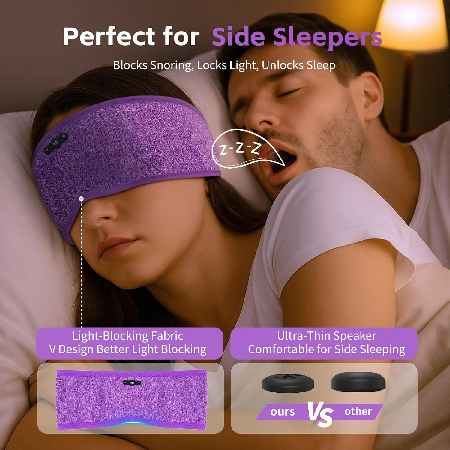 Detalle 2 de Veeniitosr Sleep Headphones Bluetooth 6.0 Headband (Grey & Purple) – 2-in-1 Sleep & Sport Headband