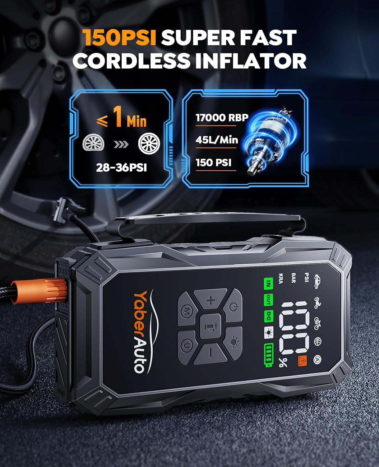 Detalle de YaberAuto Jump Starter Power Pack 6000A (23800mAh) with Air Compressor 160PSI and LED Light