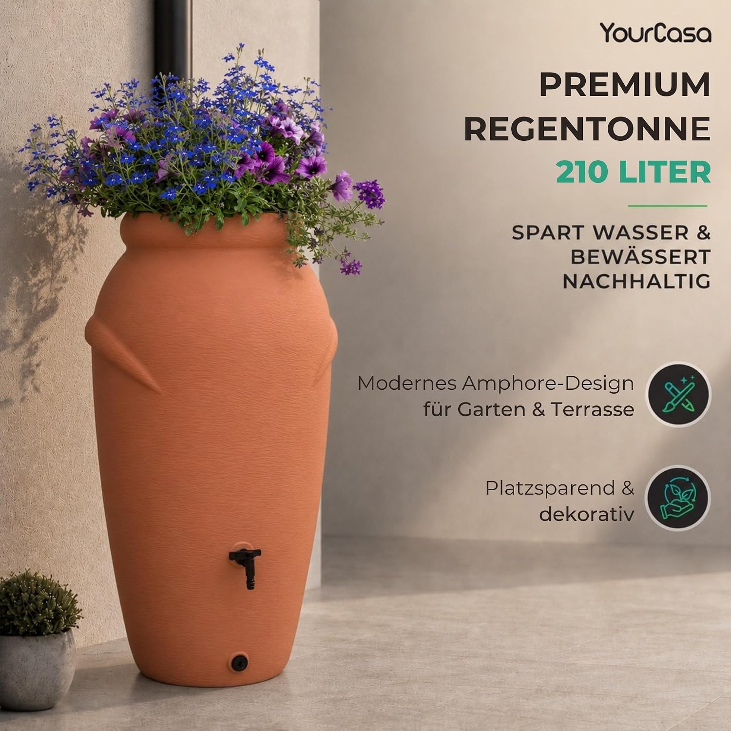 Detalle de YourCasa Regentonne 210 Liter im Amphore-Design – Frostsicheres Kunststoff-Regenfass mit Wasserhahn