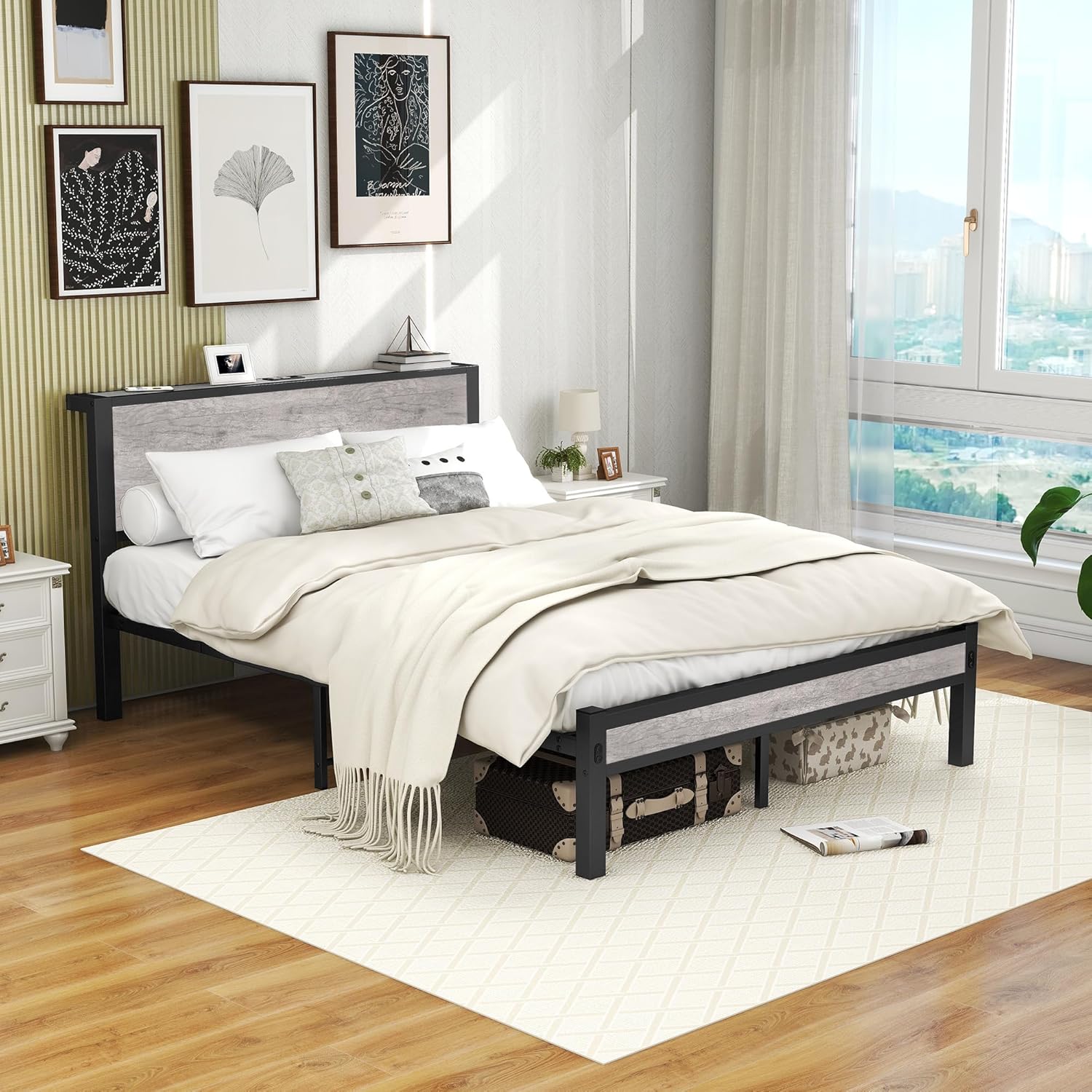 Thumbnail 2 de DUMEE Double Bed Frame with Wooden Storage Shelf Headboard and Metal Platform – Black/Grey Oak
