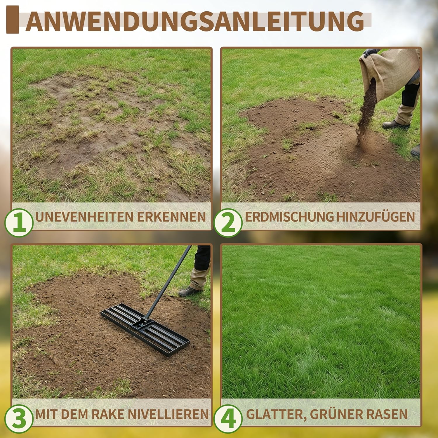 Detalle 2 de LYFETC Rasen Rakel 75x25 cm – schwerer Rasen-Nivellierrechen mit ergonomischem gebogenem Griff