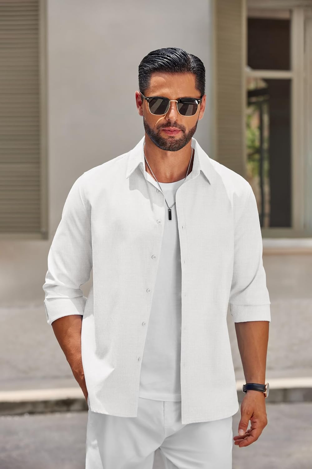 Detalle de COOFANDY Chemise Homme à Manches Longues en Coton – Coupe Classique Boutonnée