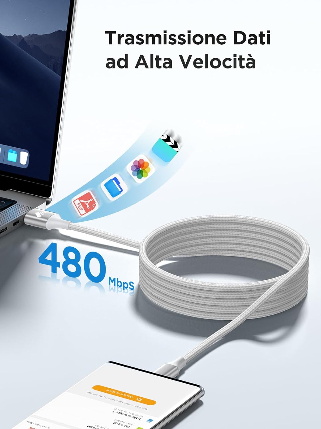 Thumbnail 4 de Aioneus Cavo USB Type-C da 1,8 m con ricarica rapida (3A) e dati fino a 480 Mbps