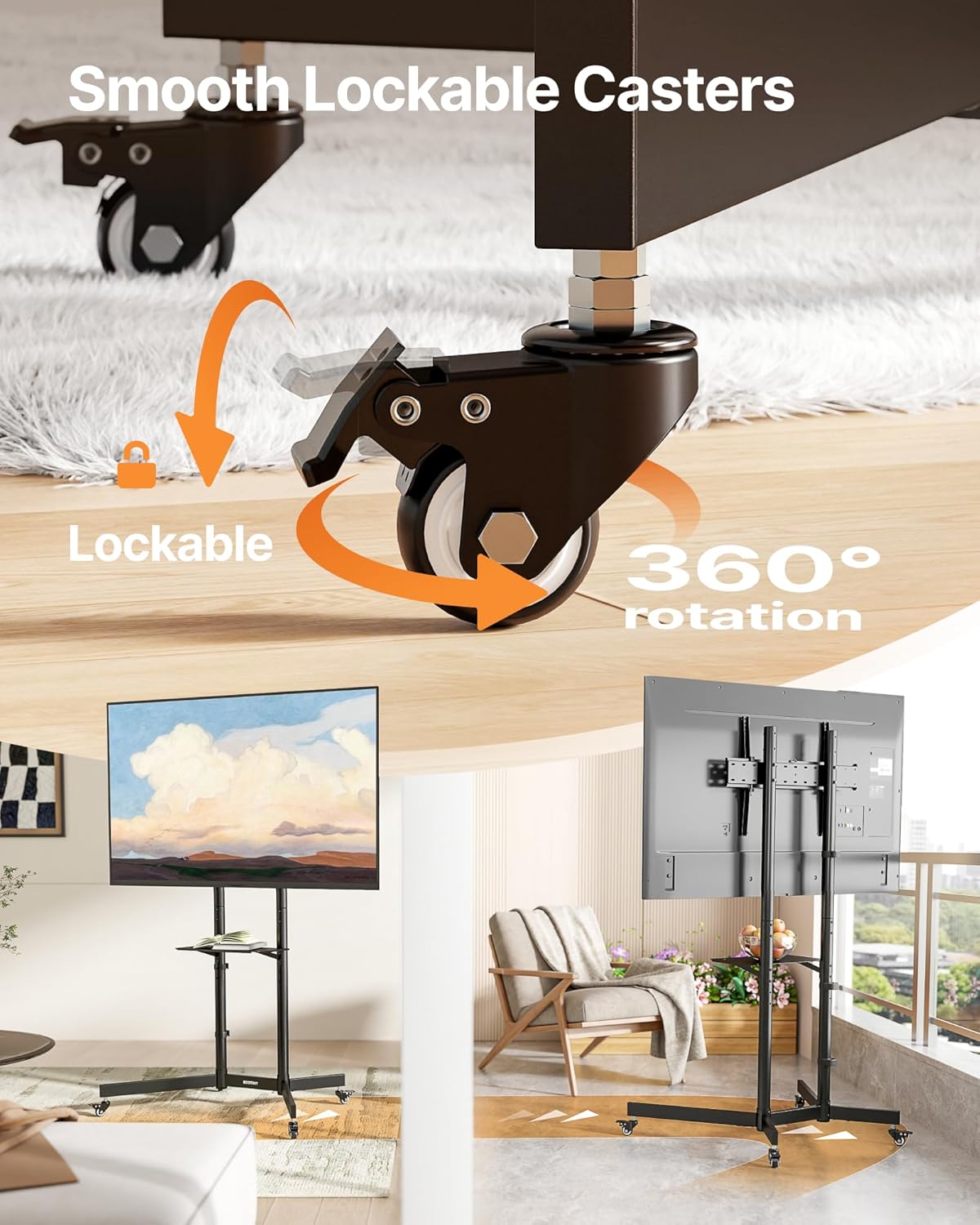 Detalle de ECOTINY Rolling TV Stand for 32–85" with 70 kg load capacity, tilt and locking wheels (Black)