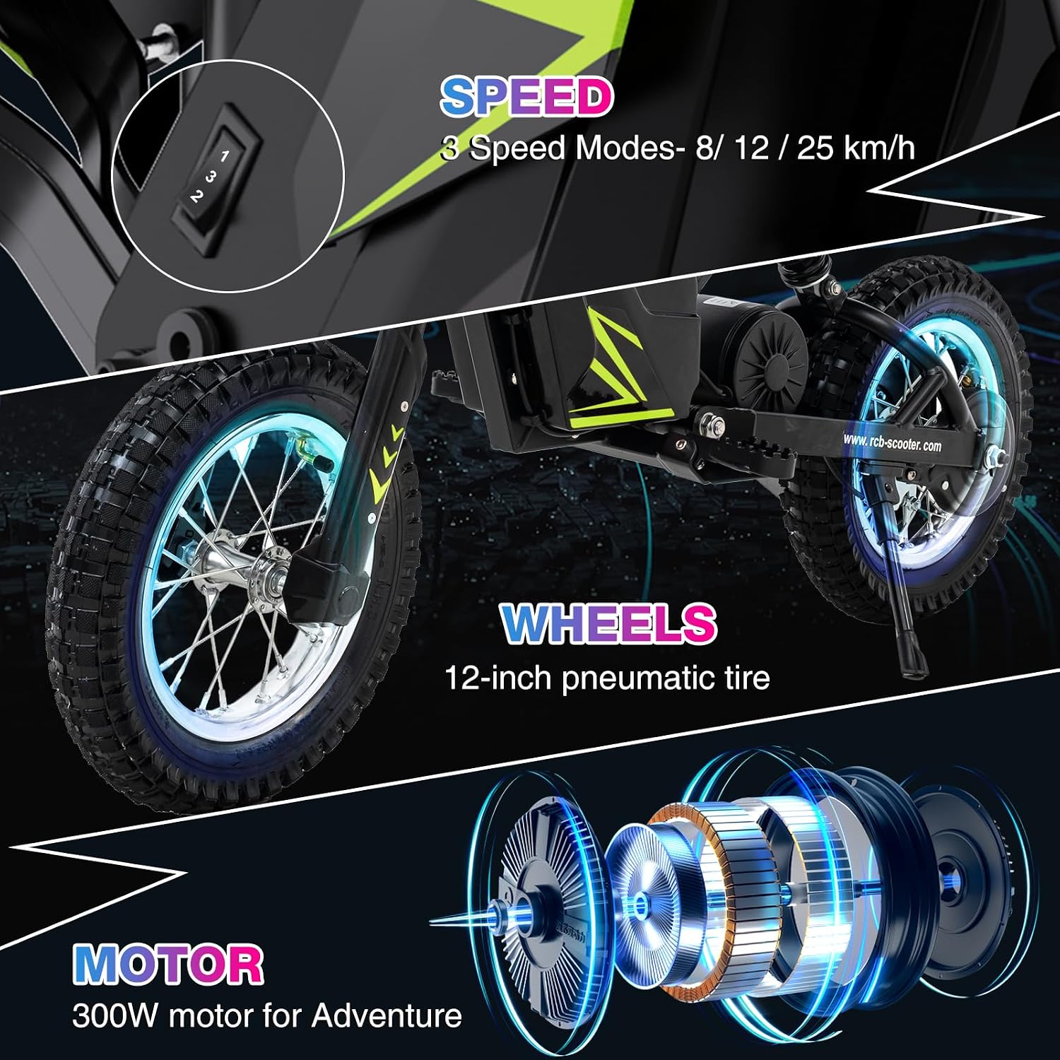 Detalle 2 de RCB R9X Electric Motorcycle Kids (12-inch), 3 Speed Modes, 5.2Ah Battery, 15.5 mph, Green