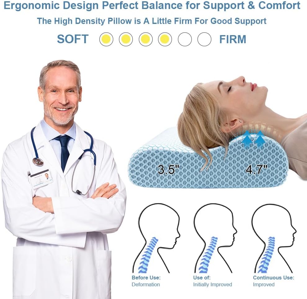 Detalle de Anvo Memory Foam Contour Pillow, Dual-Height Neck Support, Blue and White