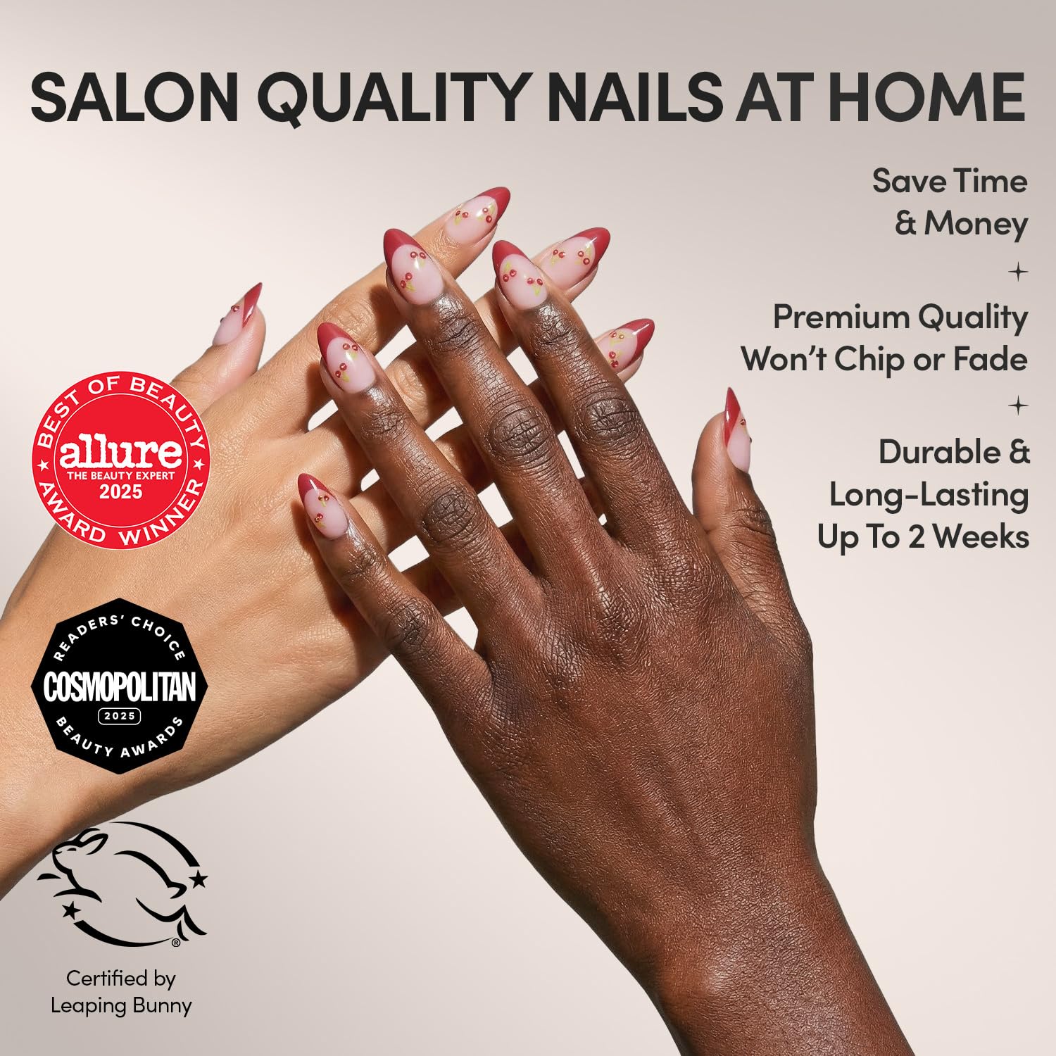 Thumbnail 1 de Glamnetic Cherry Bomb Press-On Nails — Short Almond, Glossy Red French Tips with 3D Cherry Accents