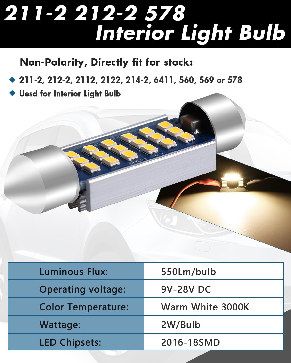 Detalle de Alopee 578 LED Festoon Bulb, 41mm Canbus 6 Pack – Warm White, 9-28V, 2W per bulb (C5W) for Car Interior