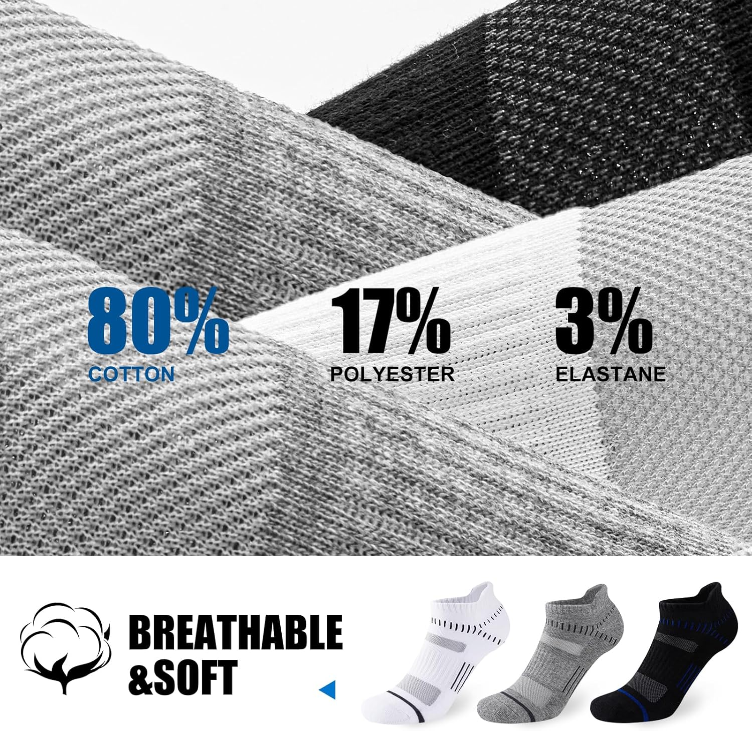 Thumbnail 2 de Niofind Chaussettes Homme Basses 6 Paires – Sport amortissantes, coton respirant, séchage rapide
