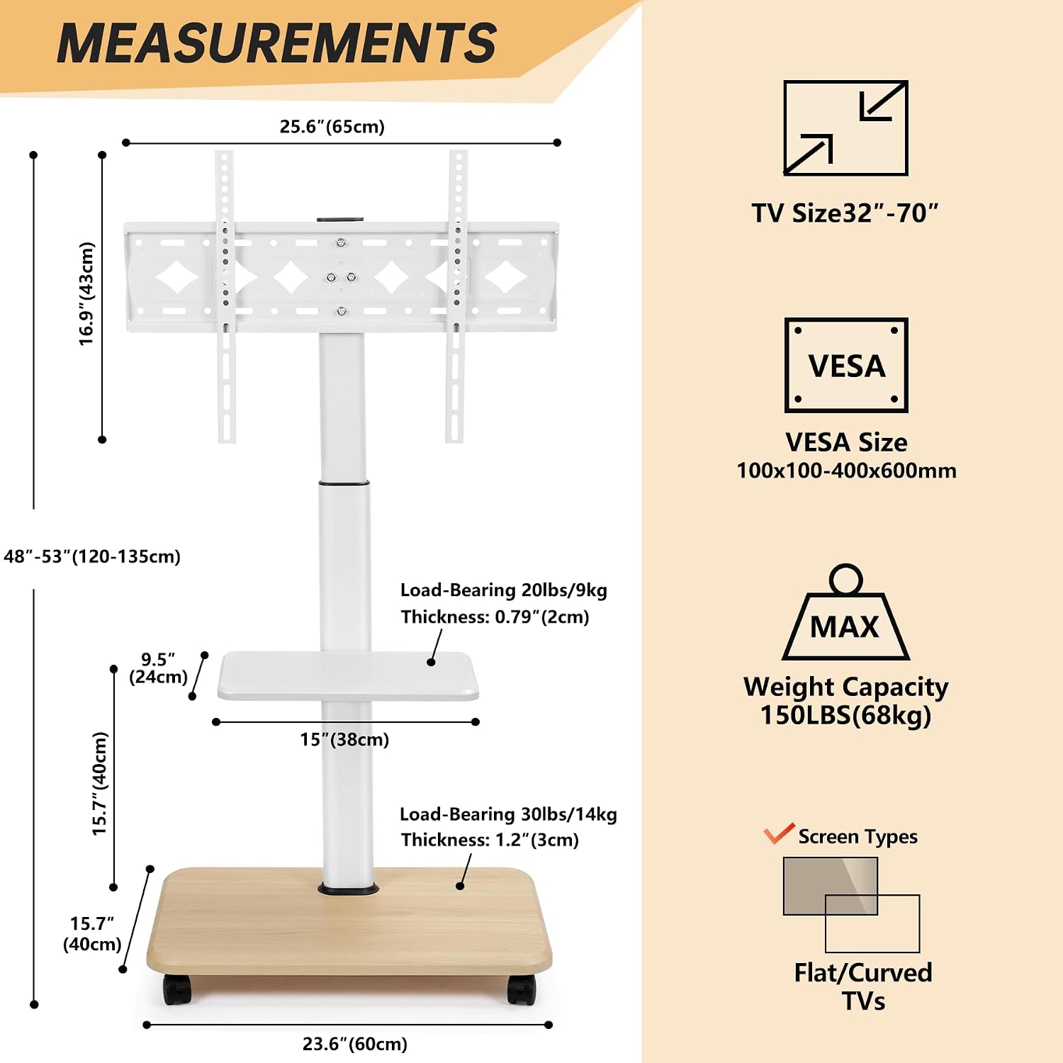 Thumbnail 4 de Hellsehen Rolling TV Stand for 32-70 Inch Displays with Lockable Wheels