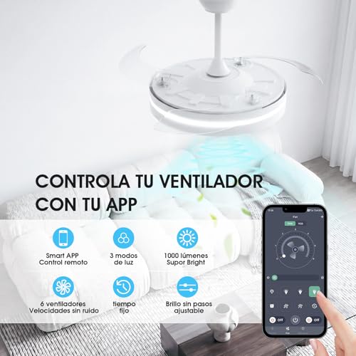 Detalle de NIORSUN Ventilador de techo con luz 42" (106 cm) con aspas retráctiles, 3 tonalidades de luz, control por APP y mando, 6 velocidades