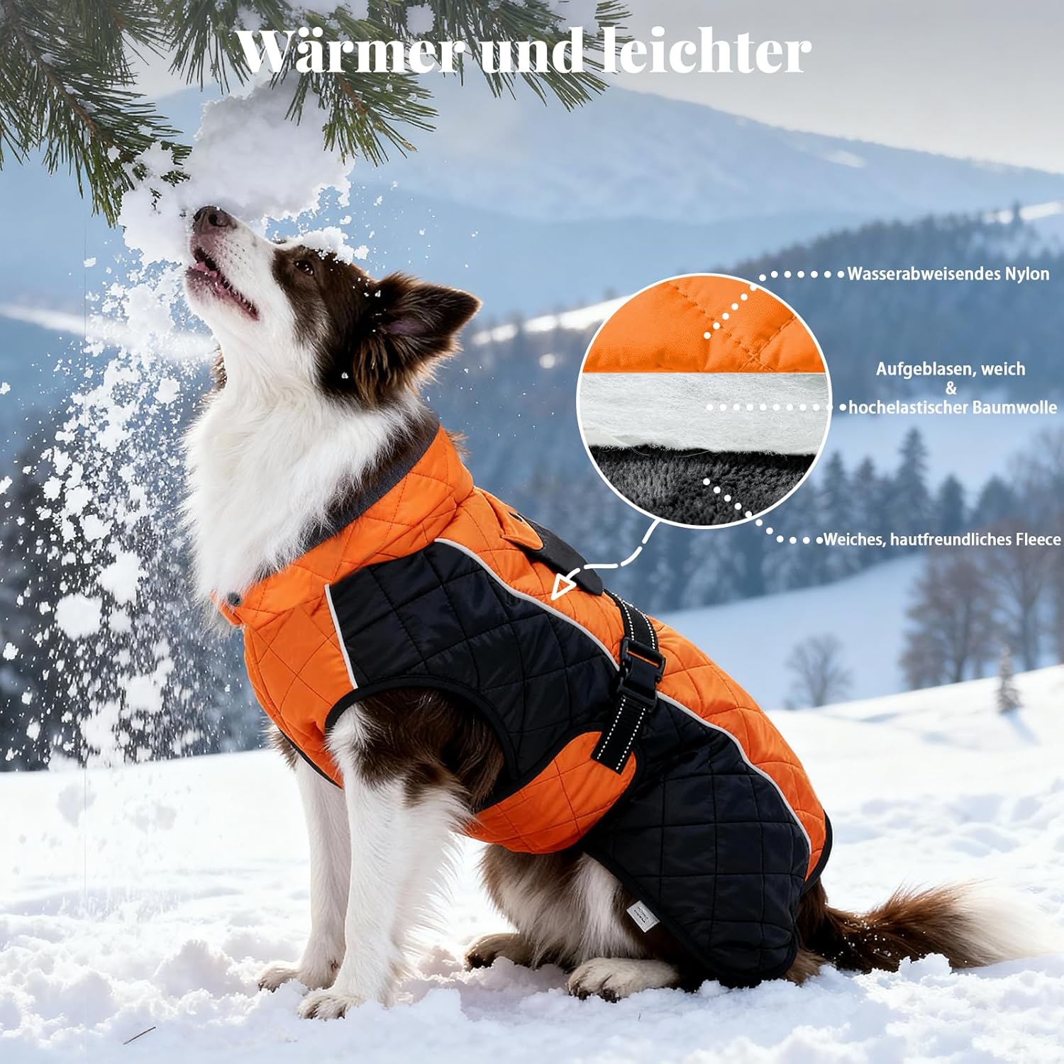 Thumbnail 4 de BECROWM dog winter coat (orange, X-small) with fleece lining, water-resistant outer, reflective strip and leash hole