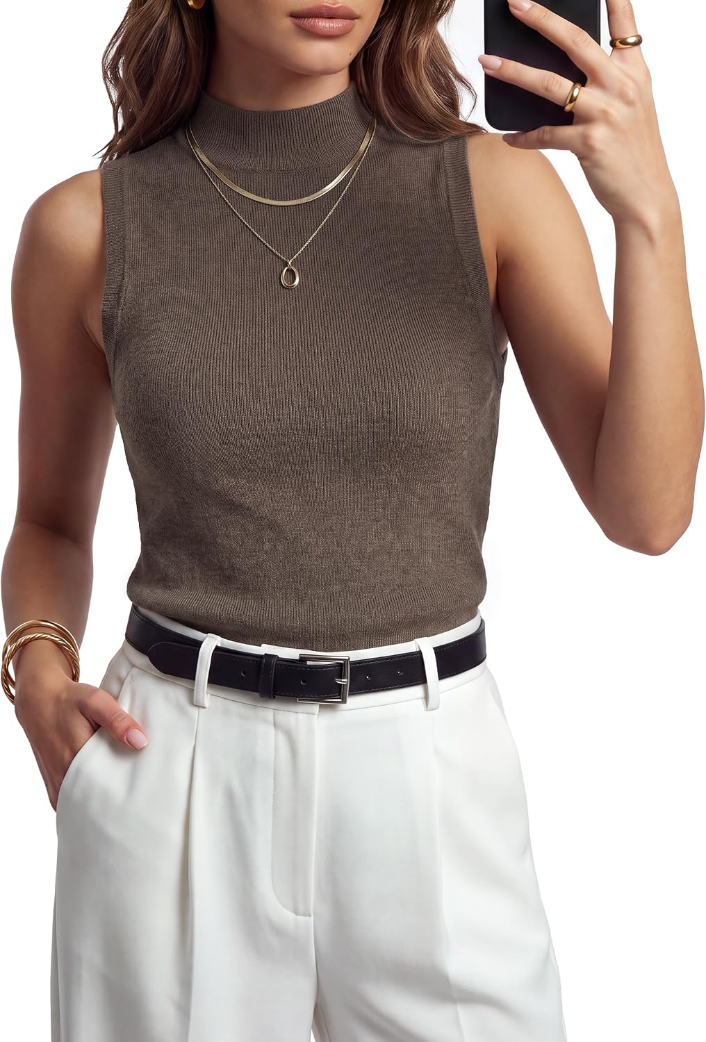 Detalle 1 de Arach&Cloz Wool-Blend Sleeveless Mock-Neck Sweater Knit Tank Top