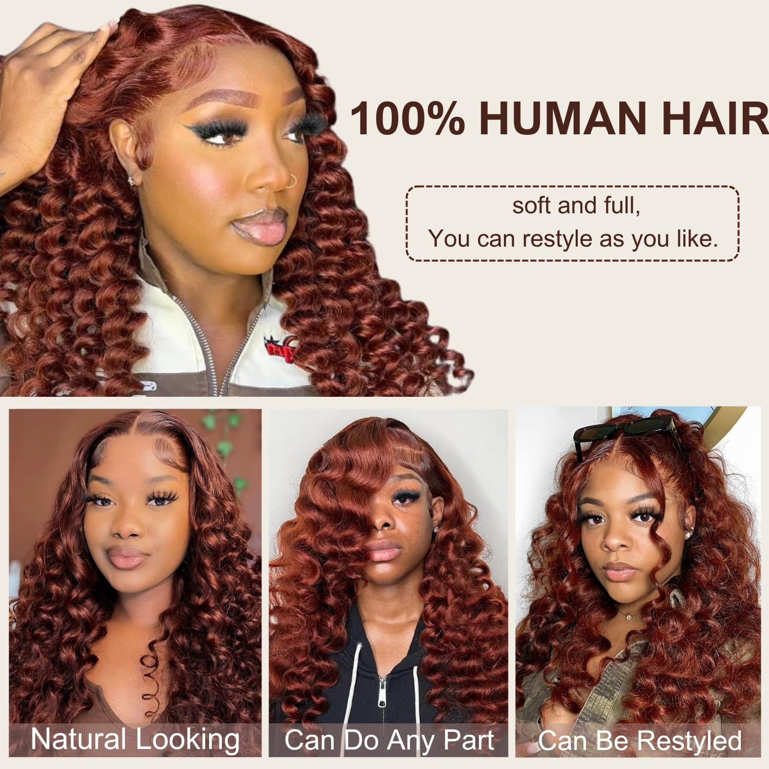 Detalle de AAKJJ Deep Wave Lace Front Wig — 34 Inch, 13x4 HD Lace, Copper Auburn, 200% Density, 100% Human Hair