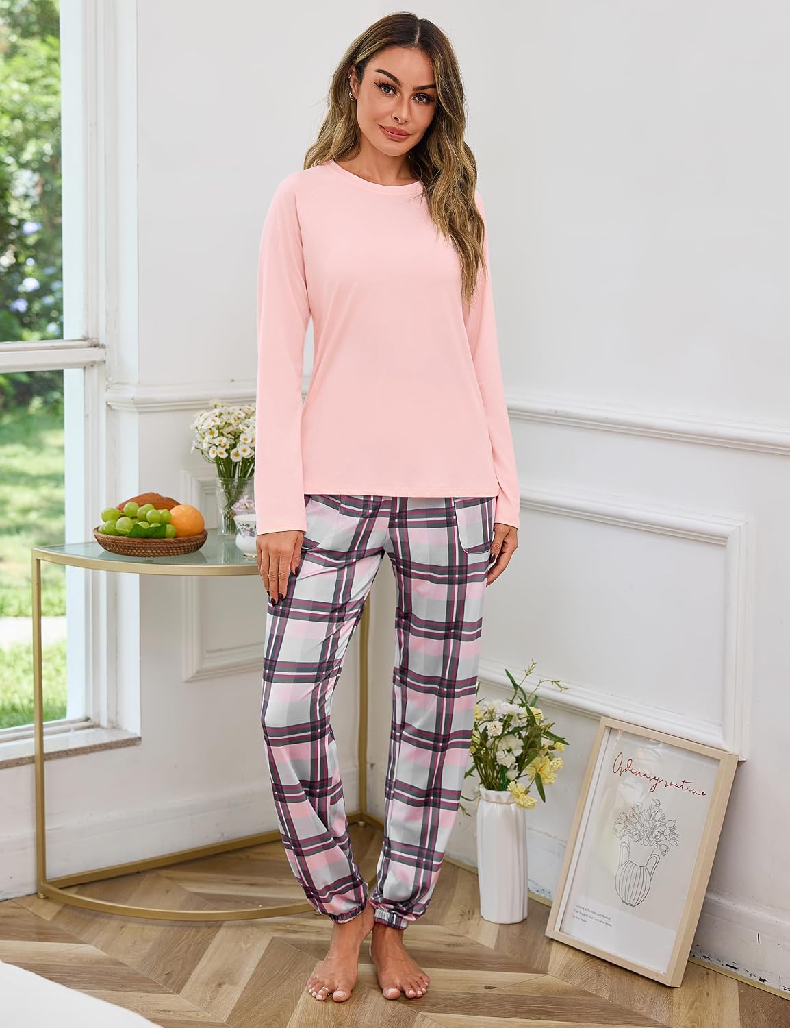 Thumbnail 1 de Uniexcosm Pyjama d'hiver en coton pour femme, rayé, manches longues – ensemble two-pieces