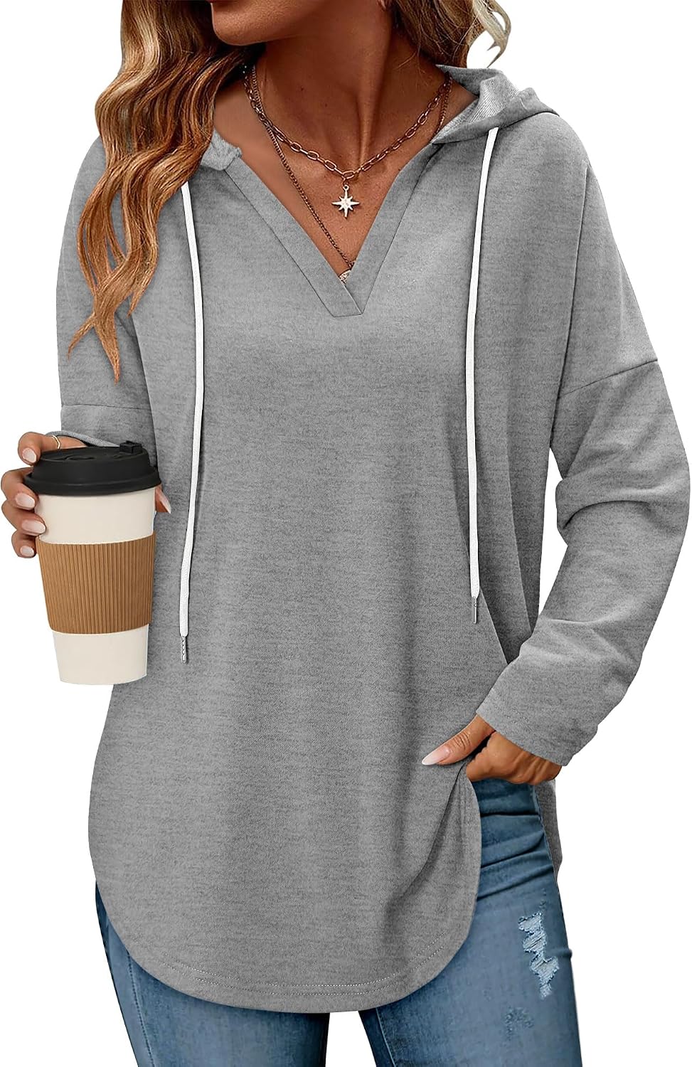 Detalle de CHICZONE Ladies Fashion Tops Hoodies – Oversized V-neck pullover sweatshirt with drawstring hood