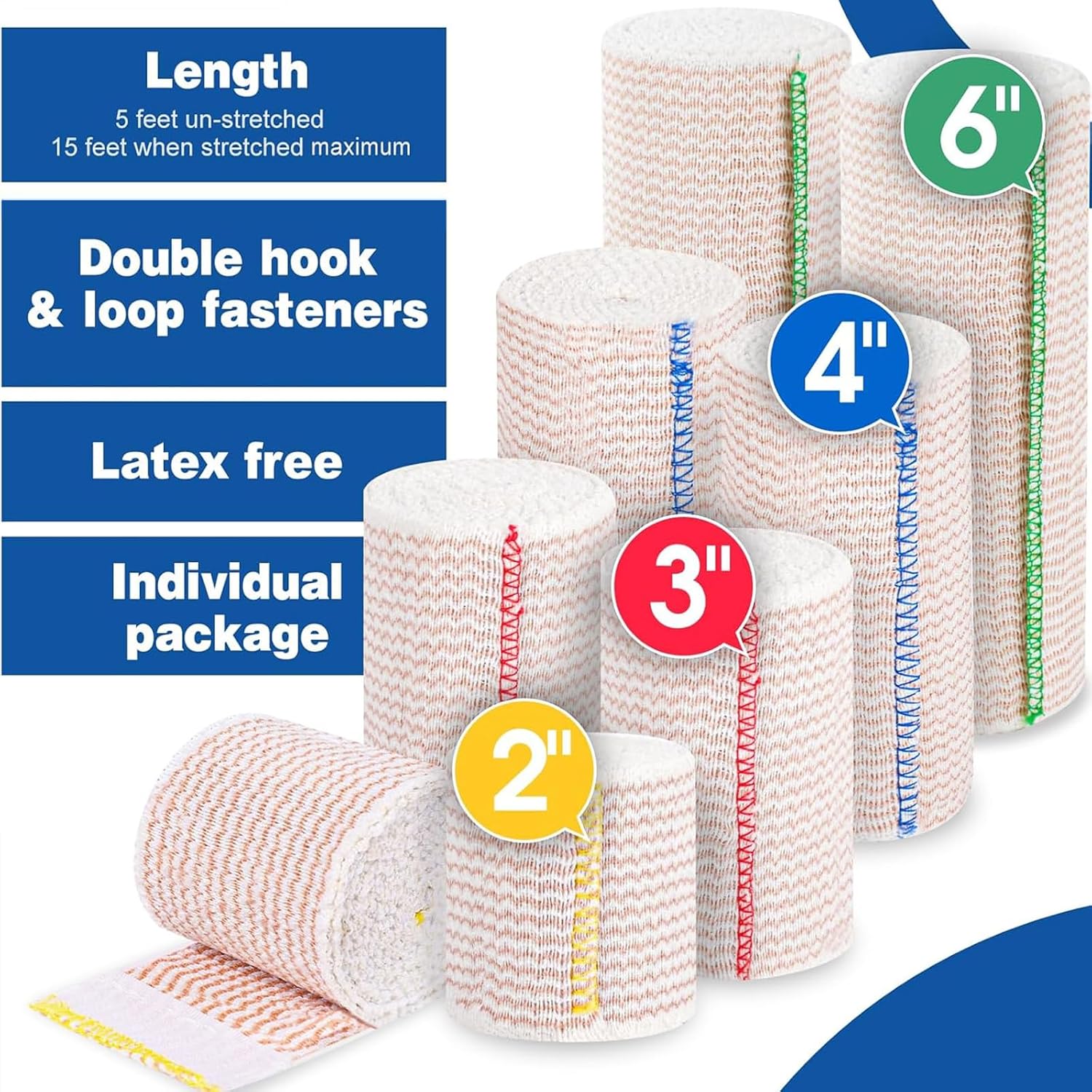 Detalle 2 de AZEN Premium 8-Pack Elastic Bandage Wraps, Latex-Free, Four Widths