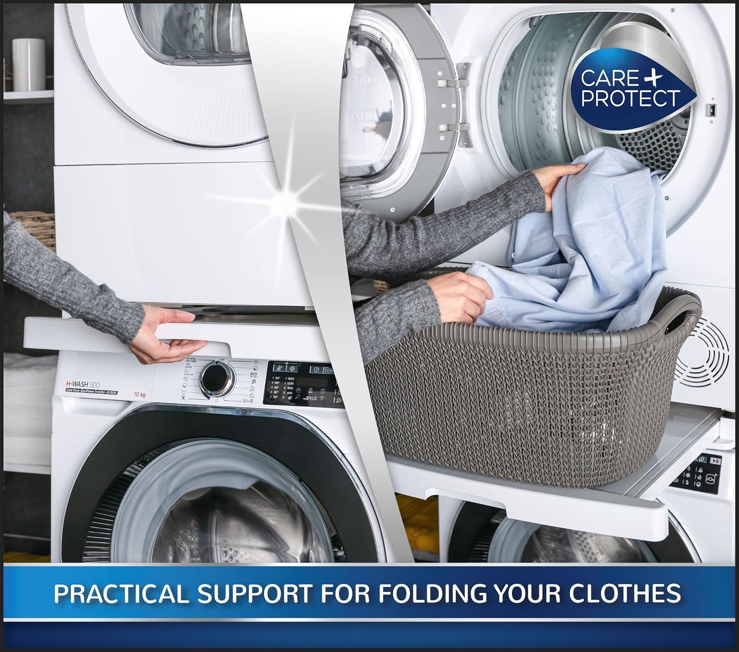 Detalle de CARE+PROTECT Universal Stacking Kit for Washing Machine and Tumble Dryer with Pull-Out Sliding Shelf