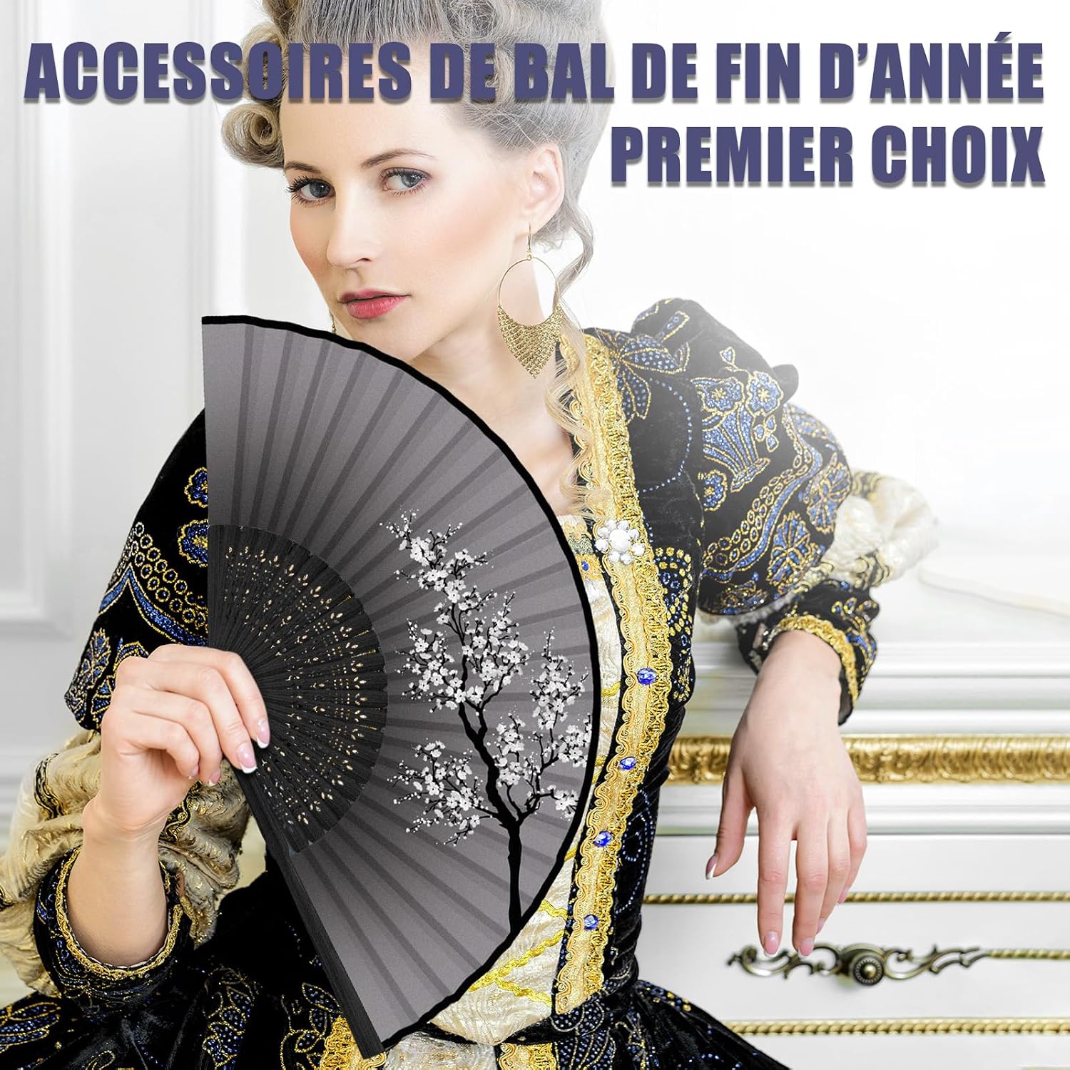 Detalle de WEARXI Eventail – Lot de 4 éventails à main en bois et soie, pliants, décoratif