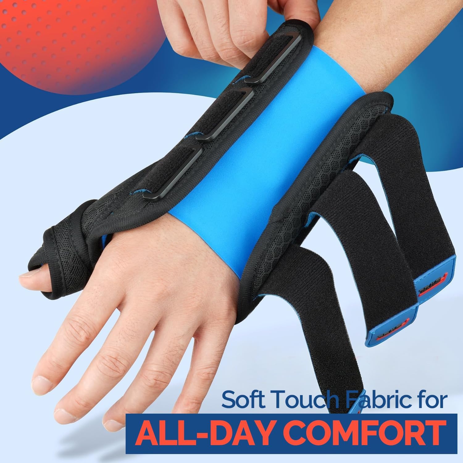 Thumbnail 6 de FEATOL Carpal Tunnel Wrist Brace Night Support with Thumb Spica Splint (Right Hand, Small/Medium) — Black/Blue