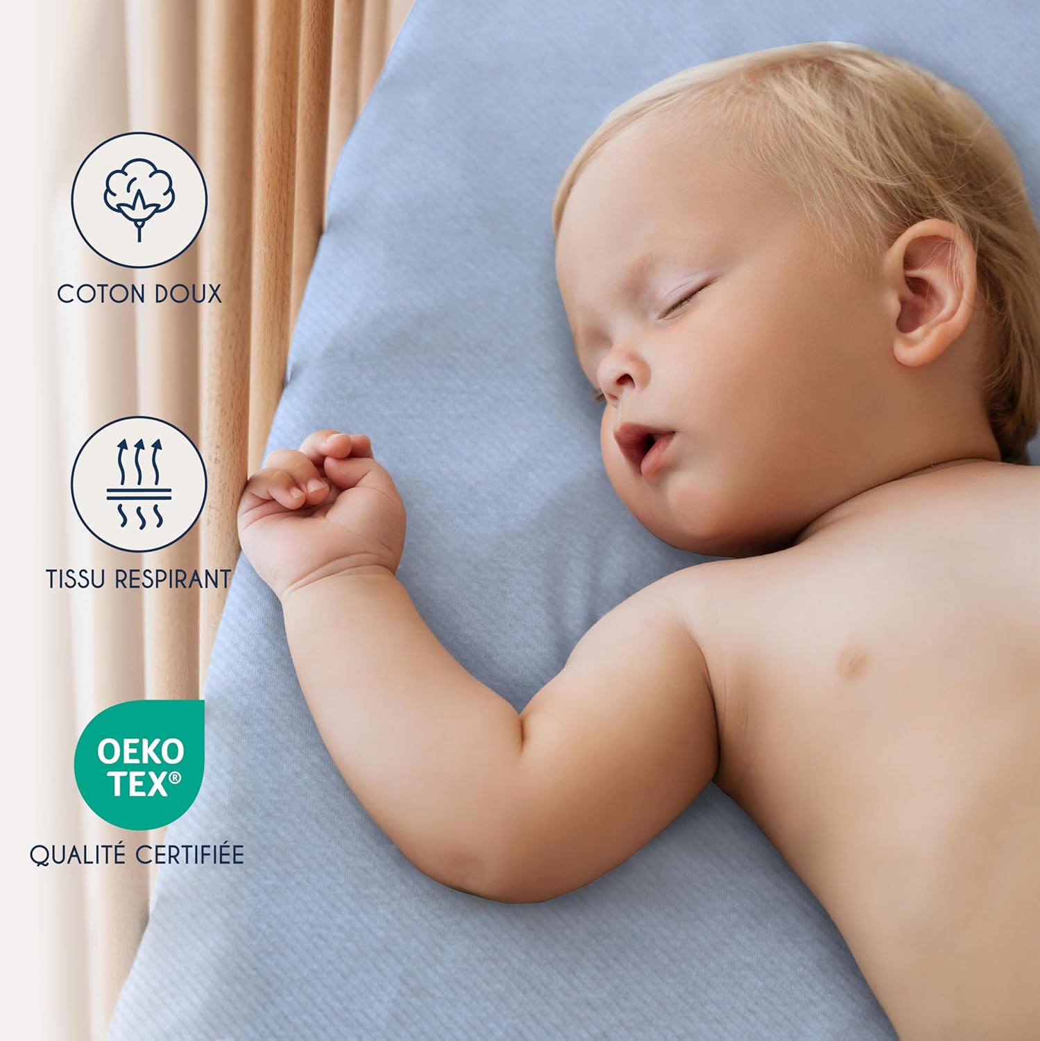 Thumbnail 2 de Dreamzie Drap Housse 60x120 cm (x2) en coton jersey 145 gsm – Oeko-Tex – Blanc et Bleu