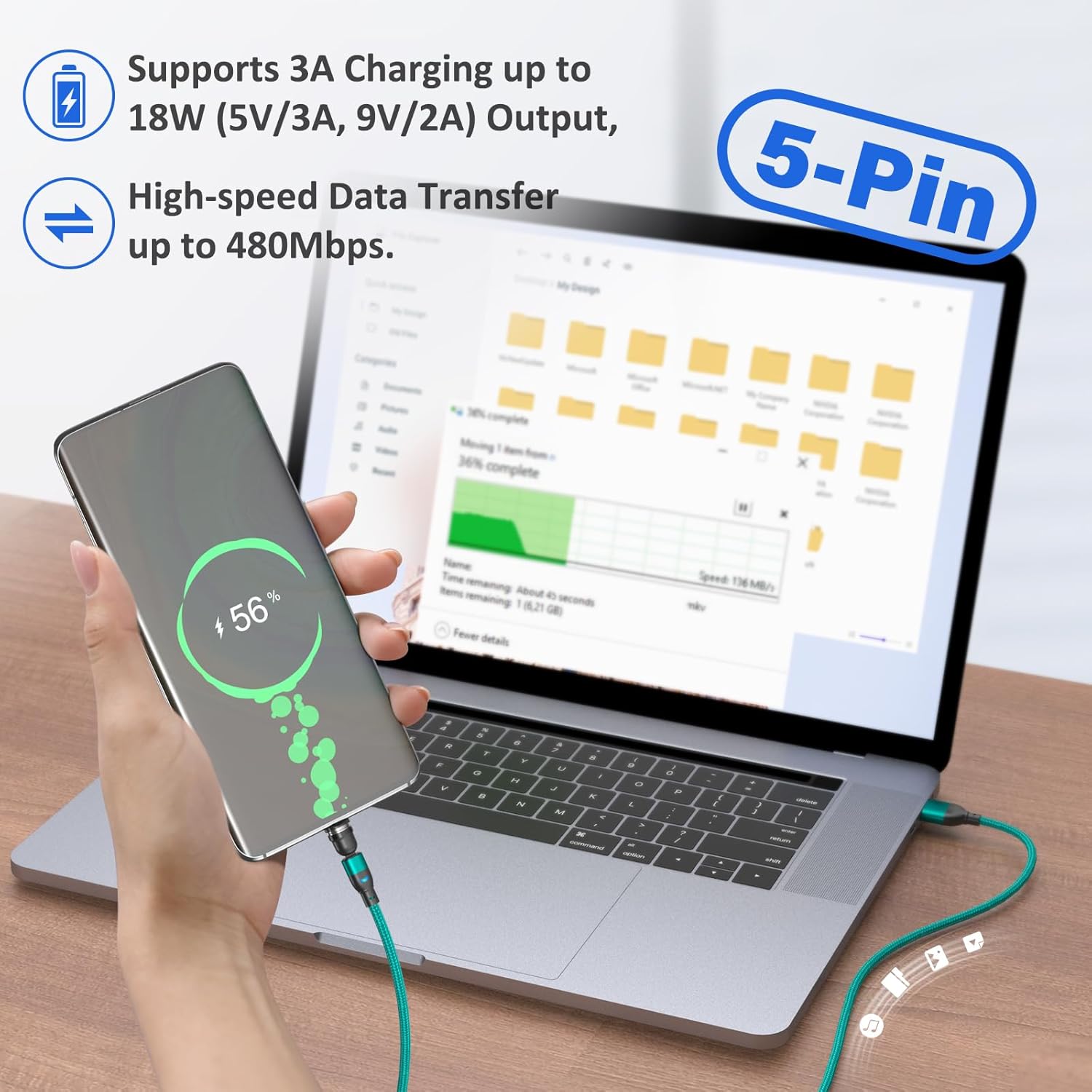 Thumbnail 5 de TUNKIA 5Pin Magnet Ladekabel (3-in-1) 4er-Set mit drehbarem Magnetkopf, 0,5–3 m – grün