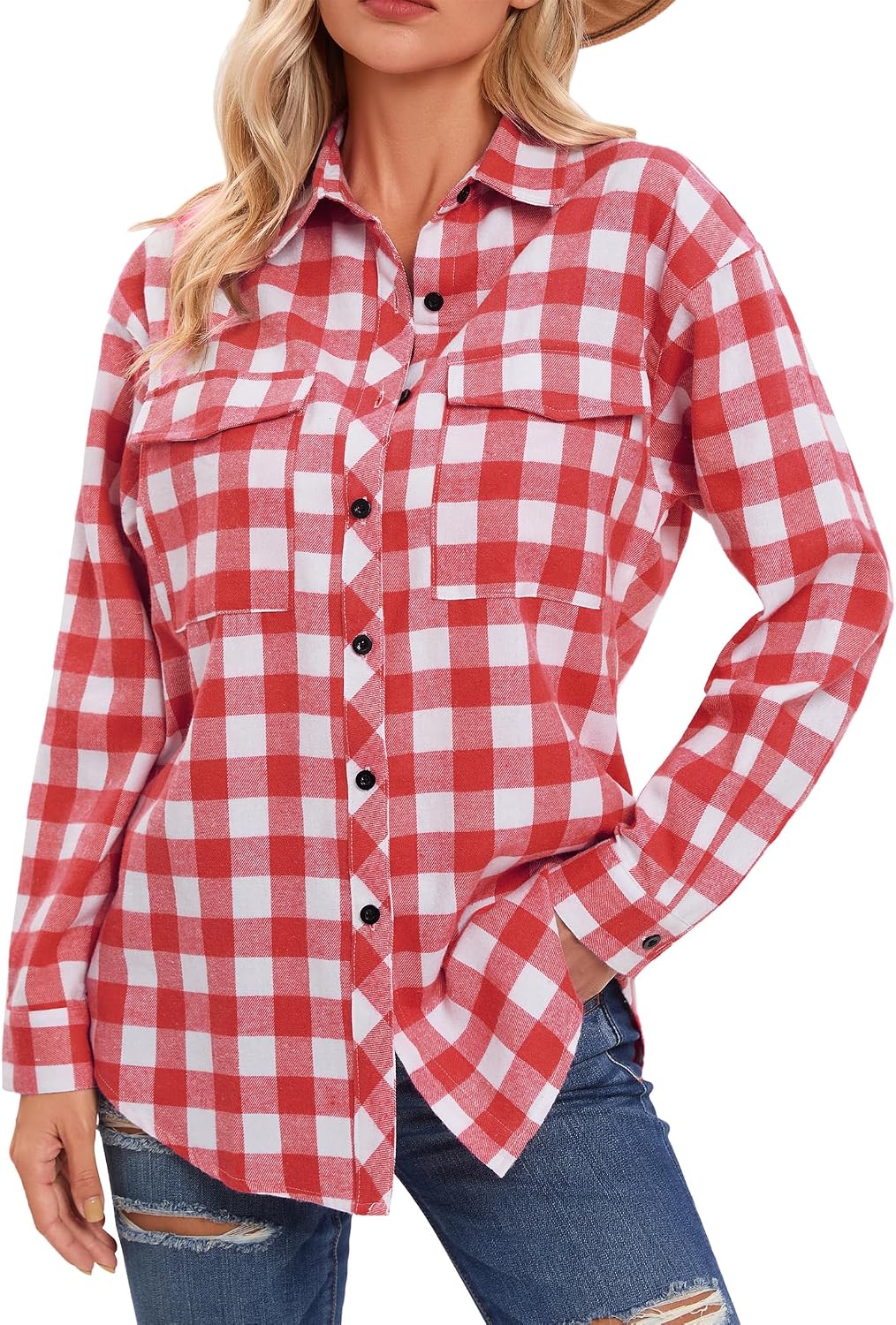 Detalle de Timuspo geruite damesblouse van flanel met V-hals en lange mouwen