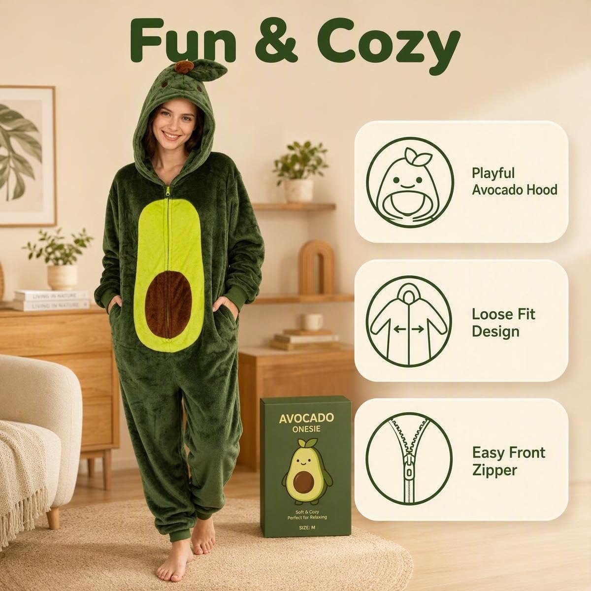 Detalle 1 de COSUSKET Avocado Adult Onesie Pajamas, Flannel with Zipper and Side Pockets