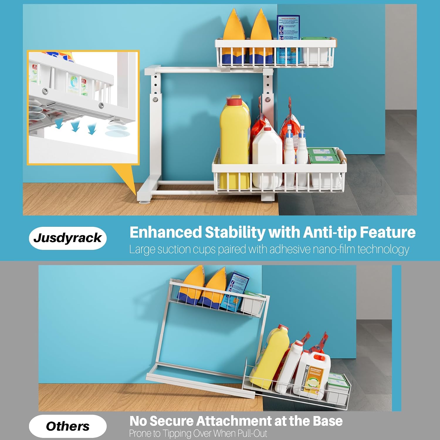 Detalle de Jusdyrack 2-Pack Under-Sink Organizers, Adjustable 2-Tier Pull-Out Metal Shelves