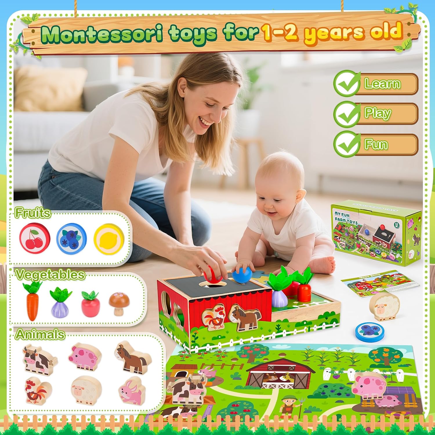Thumbnail 1 de MuMua Montessori Wooden Toddler Farm Toys (1–3 Years) with Shape Sorting, Coin Balls & Sensory Play Mat