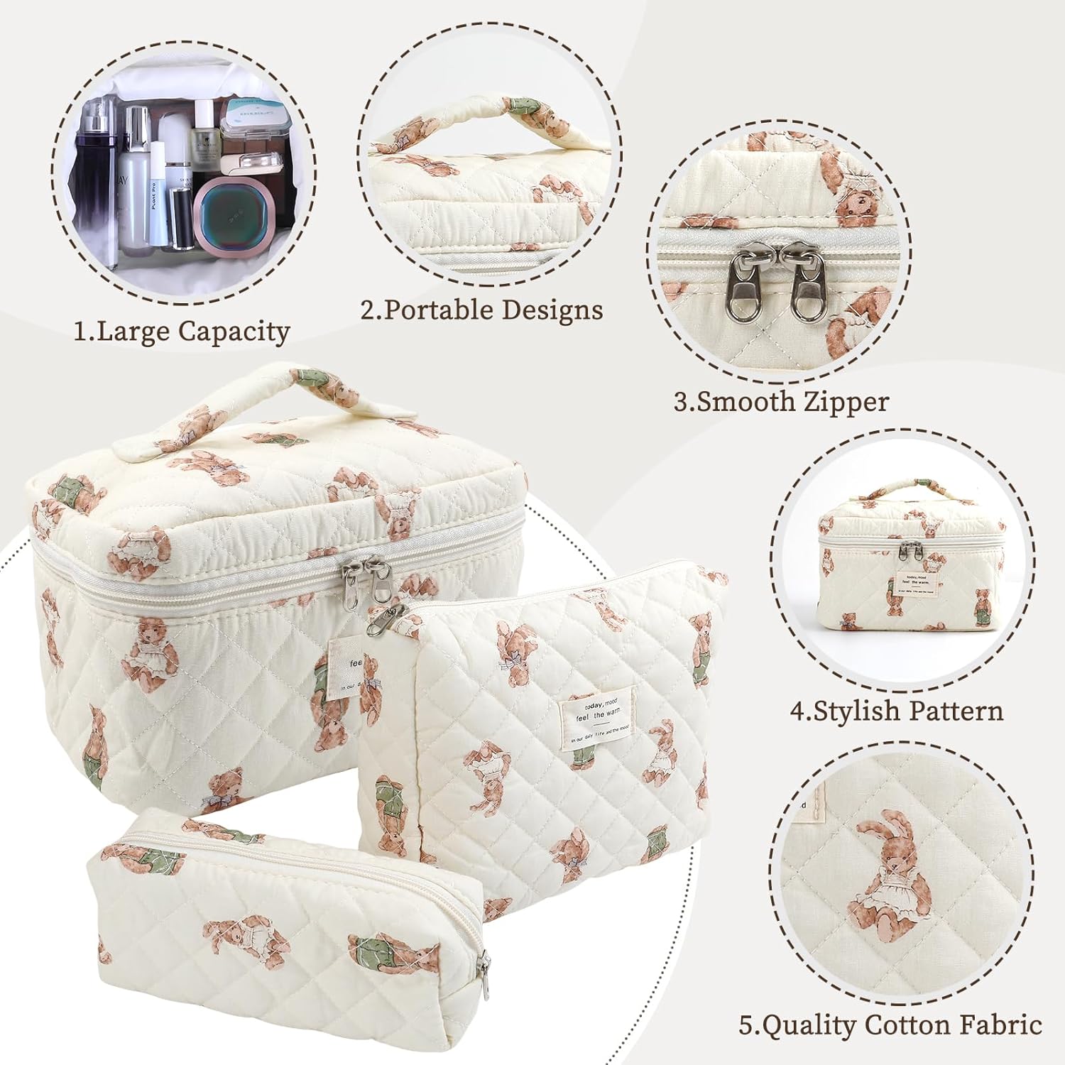 Thumbnail 2 de 3-Piece Quilted Floral Makeup Bag Set – Large, Medium and Small Cotton Cosmetic Pouches