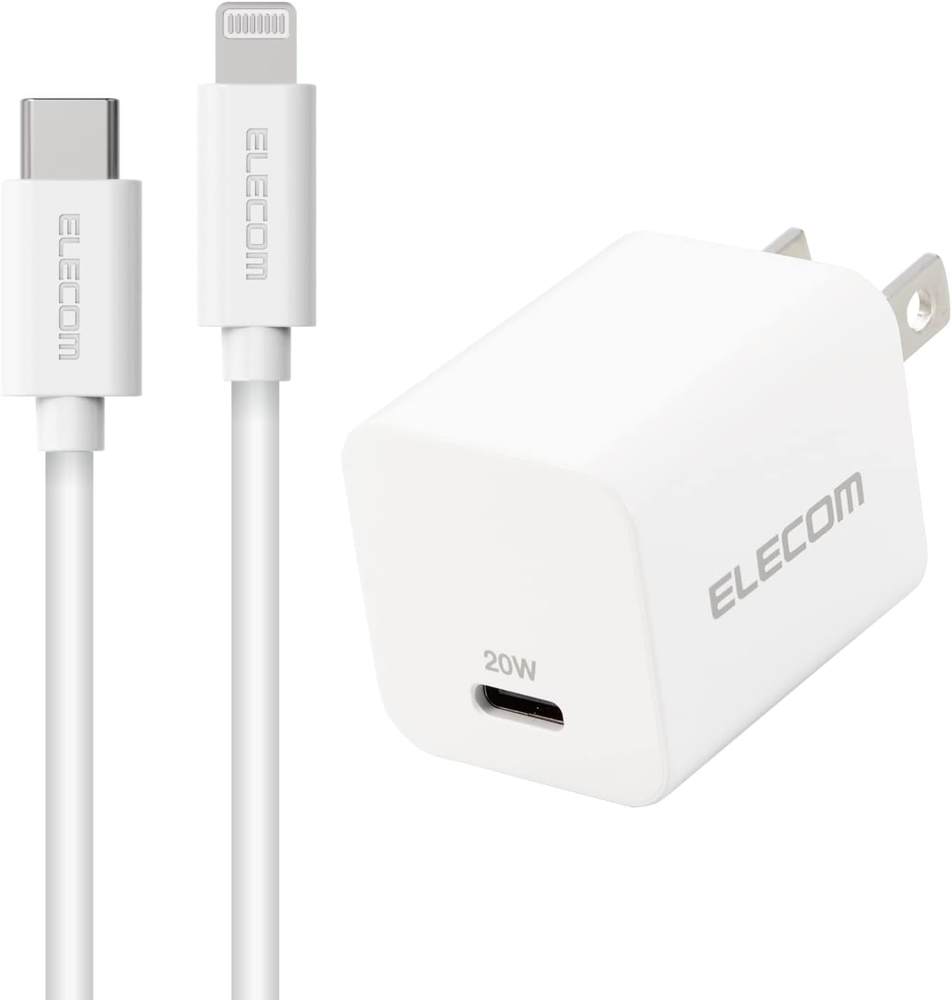 Detalle de エレコム EC-AC18WH USB PD 20W充電器、Lightningケーブル1.5m付属・折りたたみ式プラグ