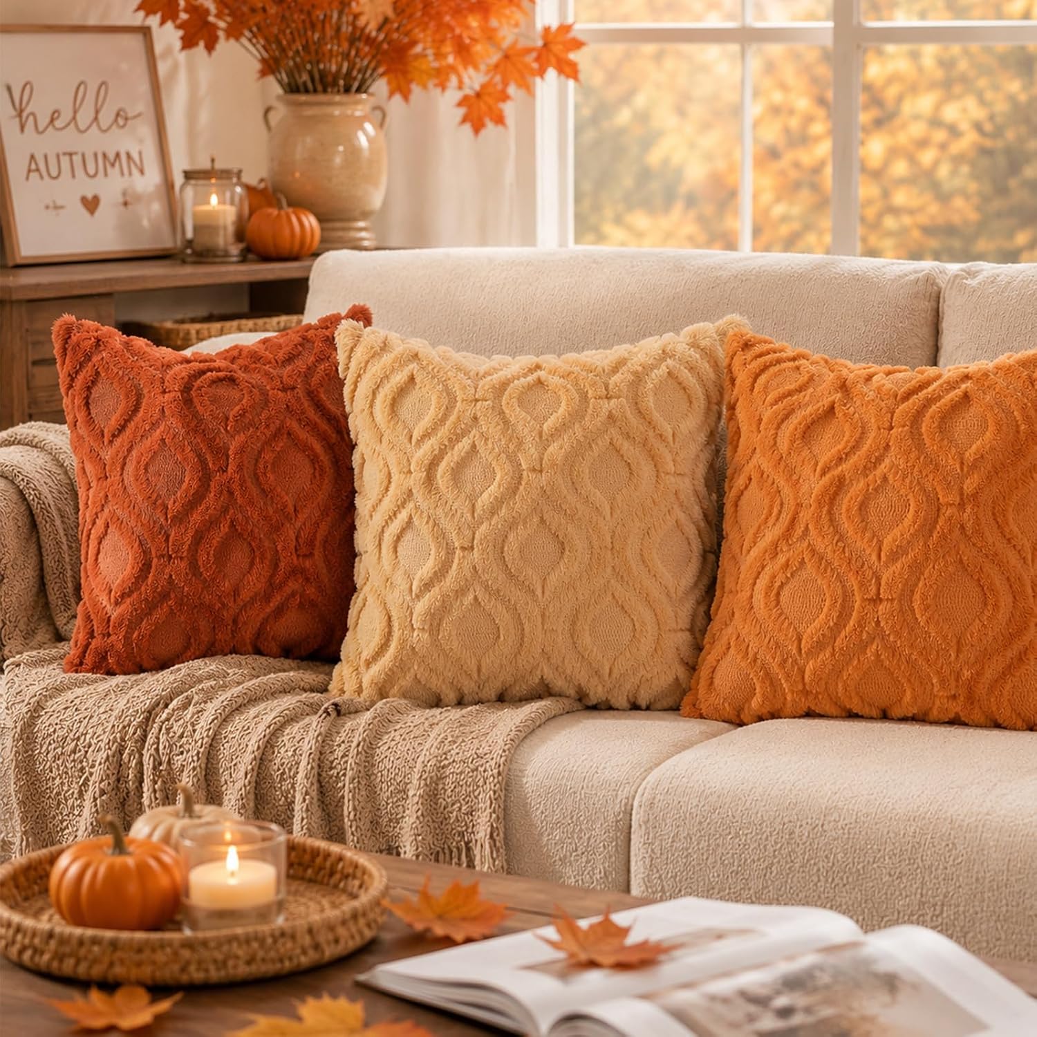 Detalle 2 de decorUhome 18x18 Faux Fur Throw Pillow Covers, Rust, Set of 2