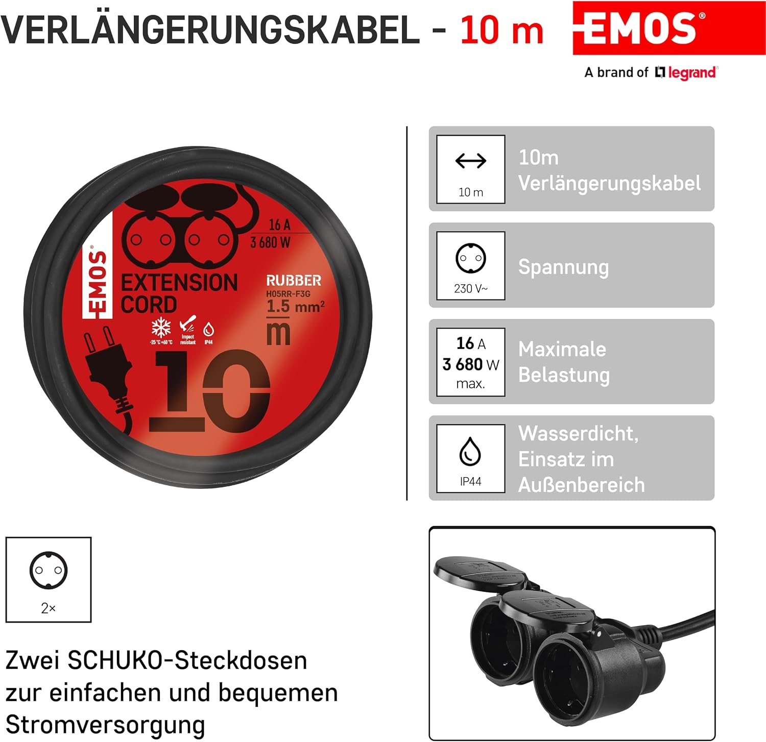 Thumbnail 1 de EMOS IP44 Verlängerungskabel 10 m – 2 Schuko-Steckdosen, wasserdicht und robust