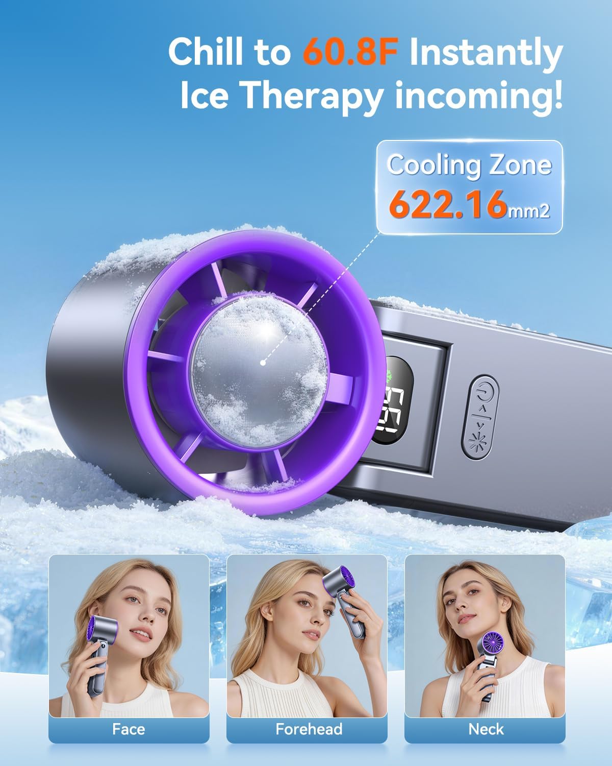 Detalle de Hihvls Portable Handheld Turbo Fan with Ice Cooler (199 Speed), 5500mAh Rechargeable, 20H Cooling, 20000 RPM, Grey Purple