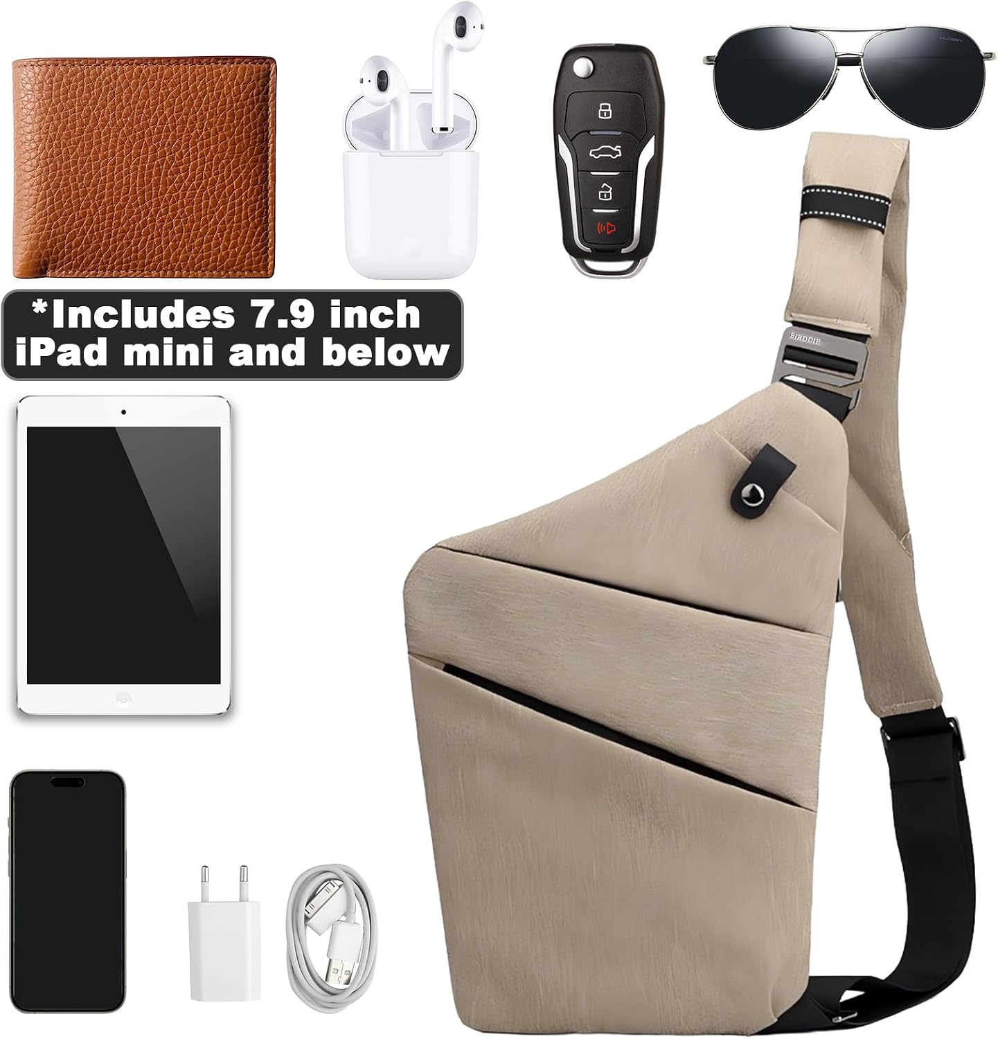 Detalle 2 de BIRDDIE Anti Theft Travel Bag: One Shoulder, Large Capacity Cross-Body Sling