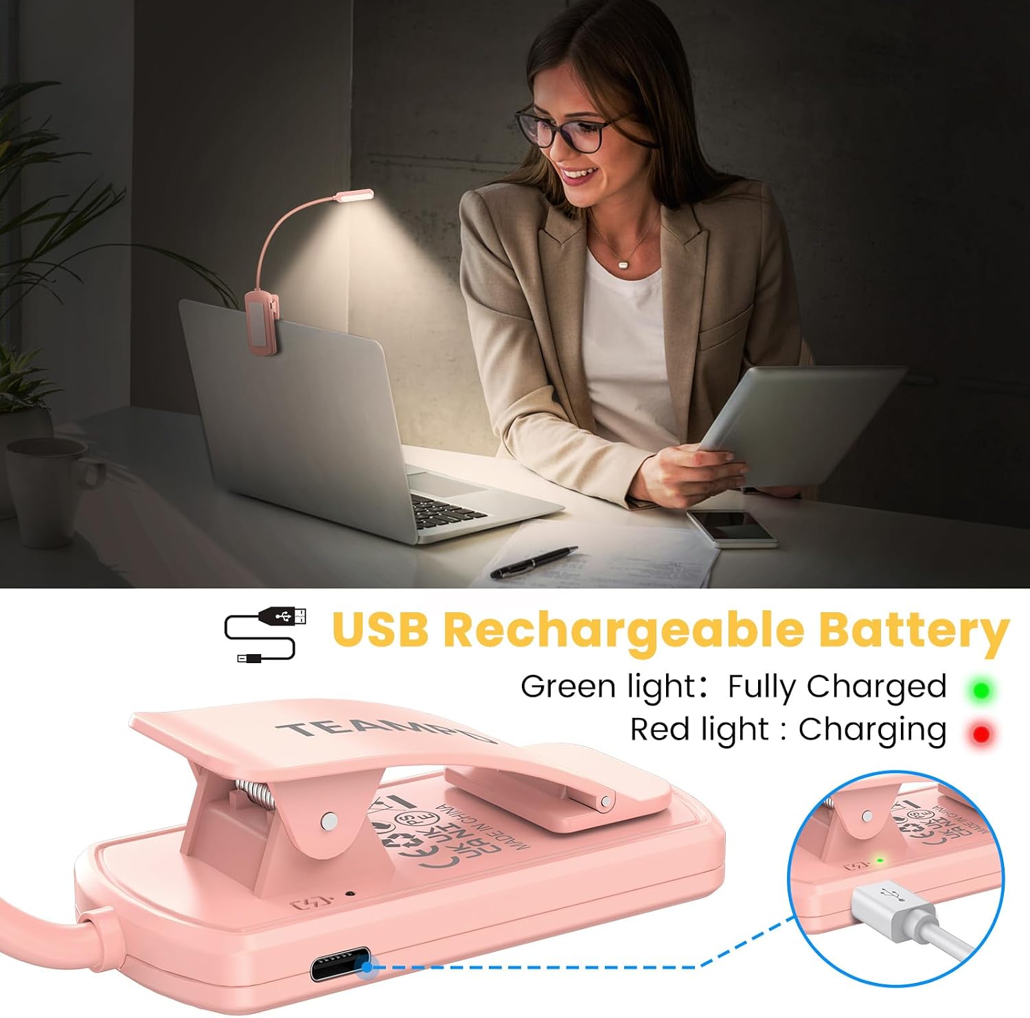 Detalle 2 de TEAMPD boeklamp met clip, 10 leds, 3 lichtstanden en USB-oplaadbare accu