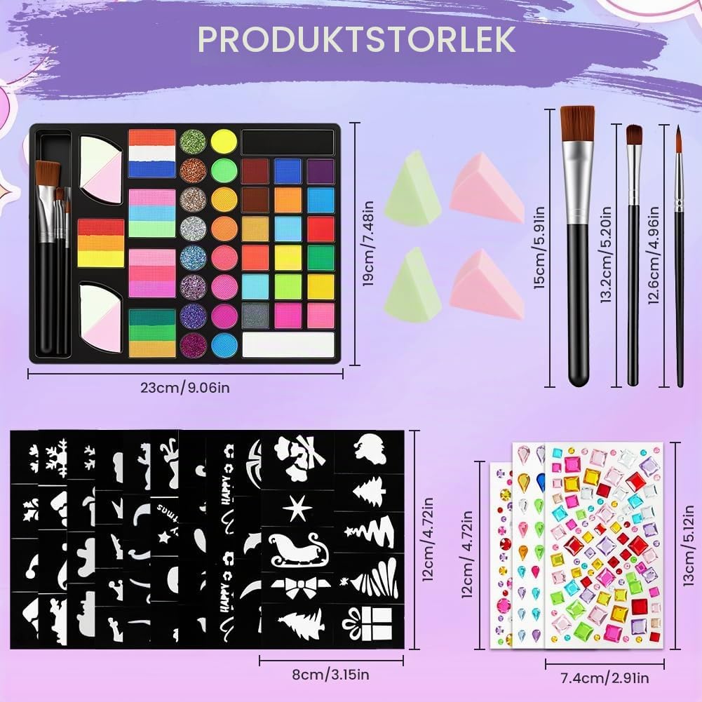 Thumbnail 1 de AYBUY barnsminkset med ansiktsfärger, glitter och 84 schabloner