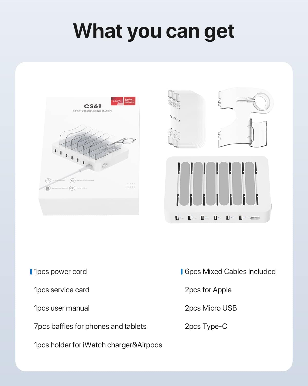 Thumbnail 6 de SooPii 6-Port USB Charging Station Organiser (50W) with Cable Set and i-Watch/AirPods Holder, White