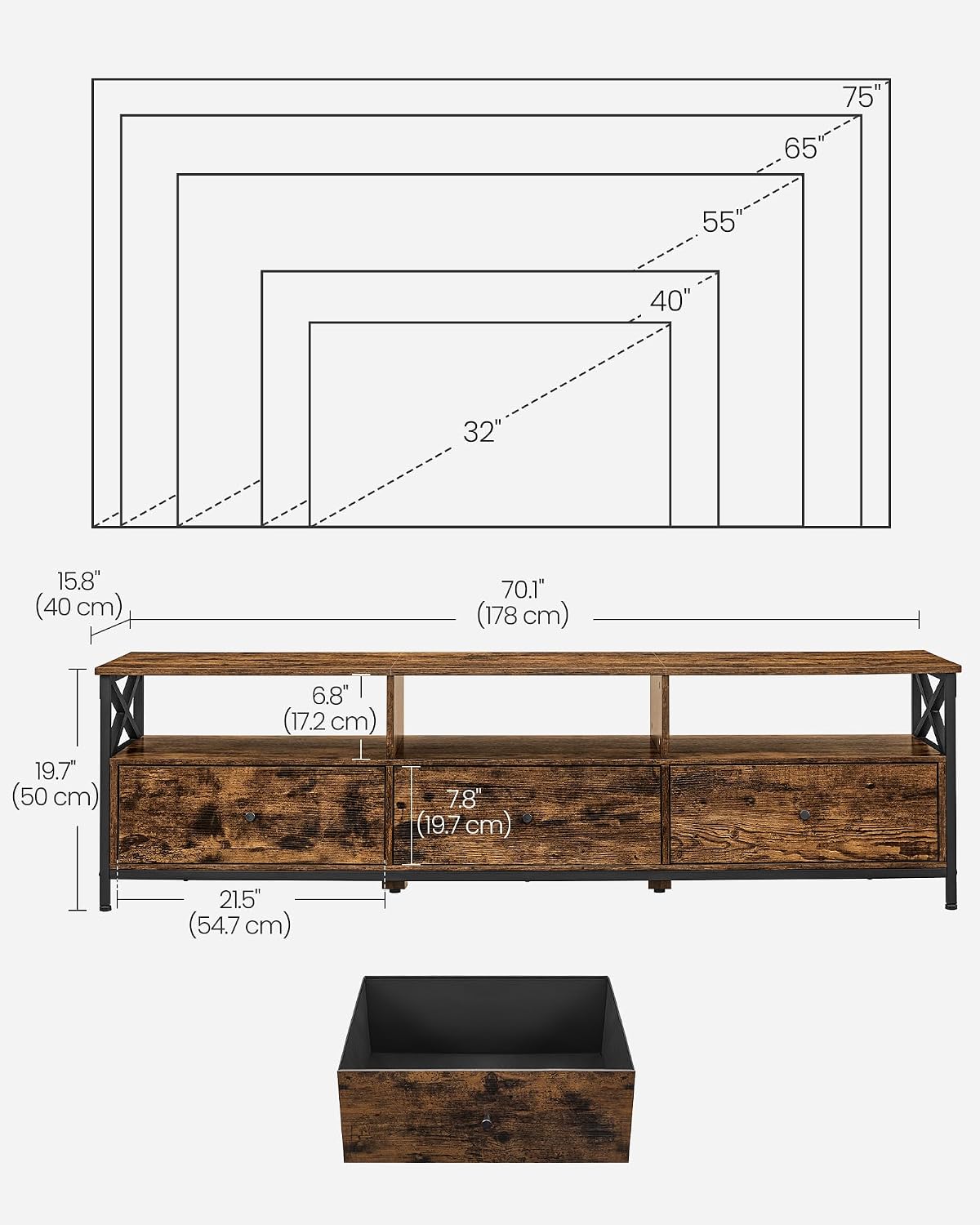 Detalle de VASAGLE Daxton Collection LTV303KD01 TV Stand, 178 cm, 3 Drawers and 3 Shelves
