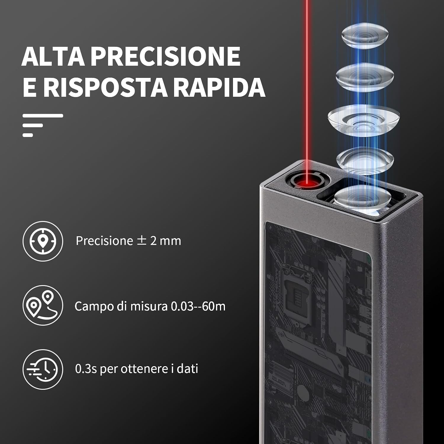 Thumbnail 4 de Metro Laser Hychika Misuratore Laser Tipo C Ricaricabile 60M con Display Retroilluminato e Misure Multiple